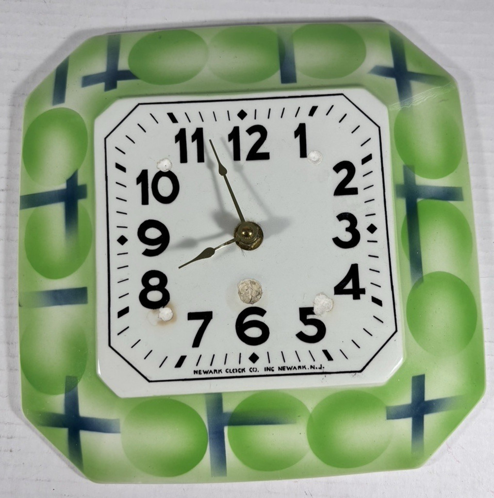 Art Deco Wall Clock Green Porcelain Plate Design 1930’s Newark Clock Co