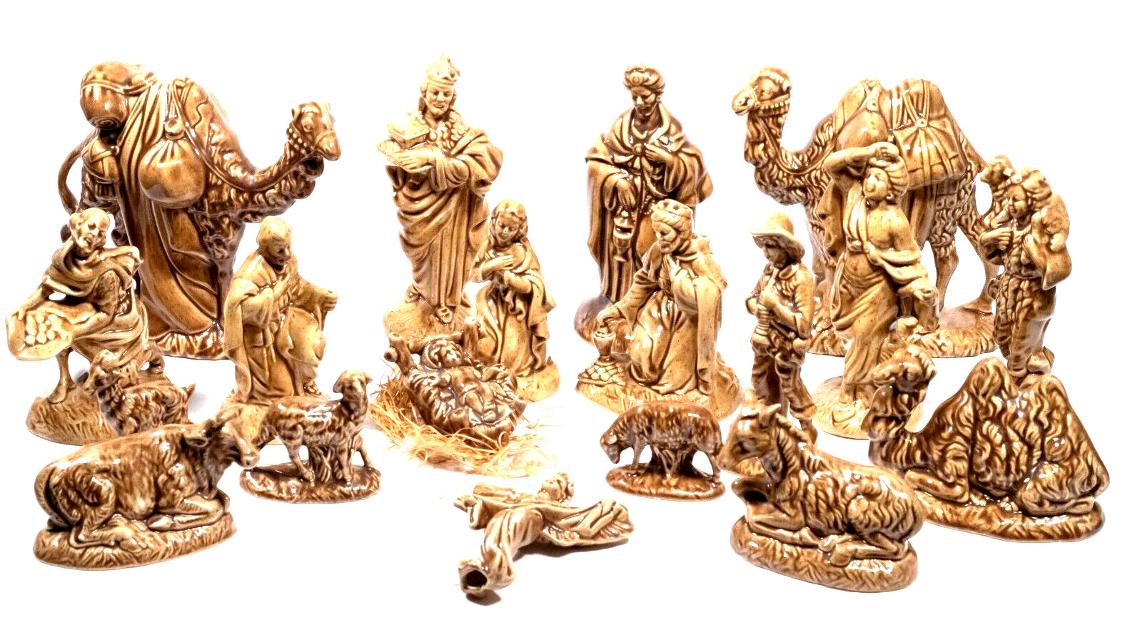 Vintage 1978 Ceramic Nativity 19 Pc Atlantic Mold Christmas Set Golden Tan Glaze