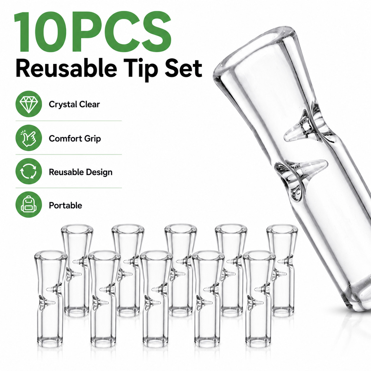 Medium Size Glass Filter Tips for Cigarettes 10PCS Transparent Ø9mm OD 35mm Pack