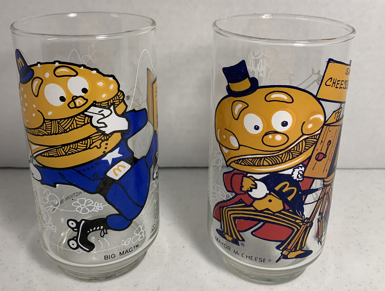 Vintage 1977 McDonaldland Action Series Glasses Big Mac & Mayor McCheese Set 2