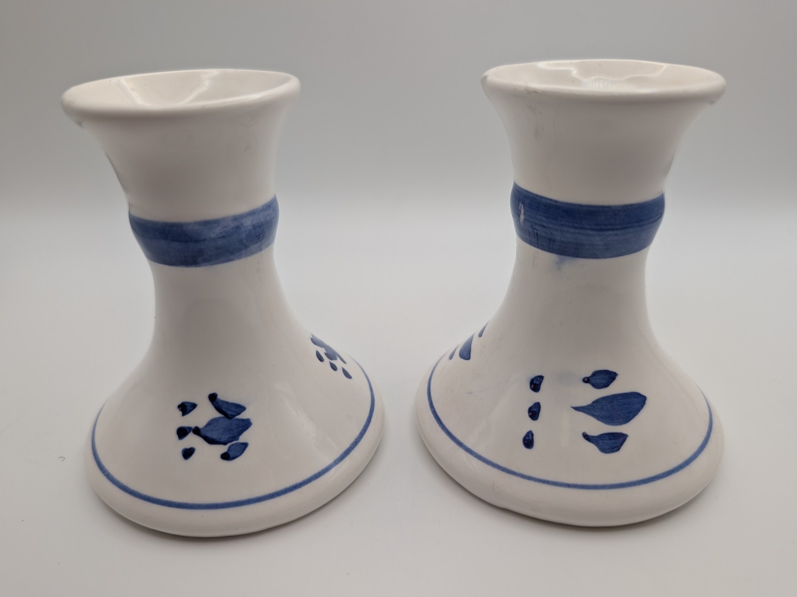 2 Vintage Blue & White Candle Stick Holders Floral Tulips VTG Hand Painted