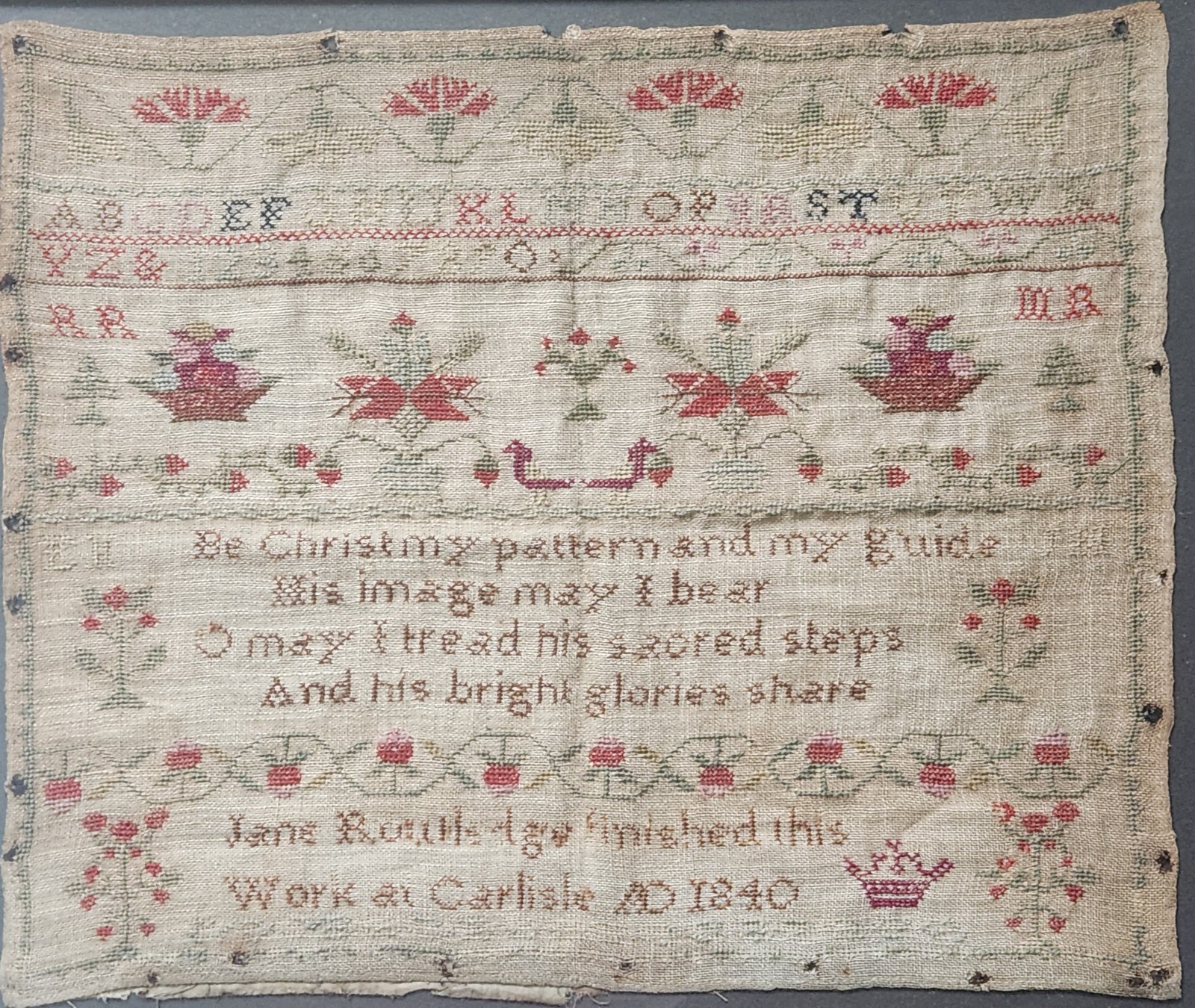 Colourful Fine Early Victorian 1840 Antique Sampler Some Wear Framed 37 x 44 cm