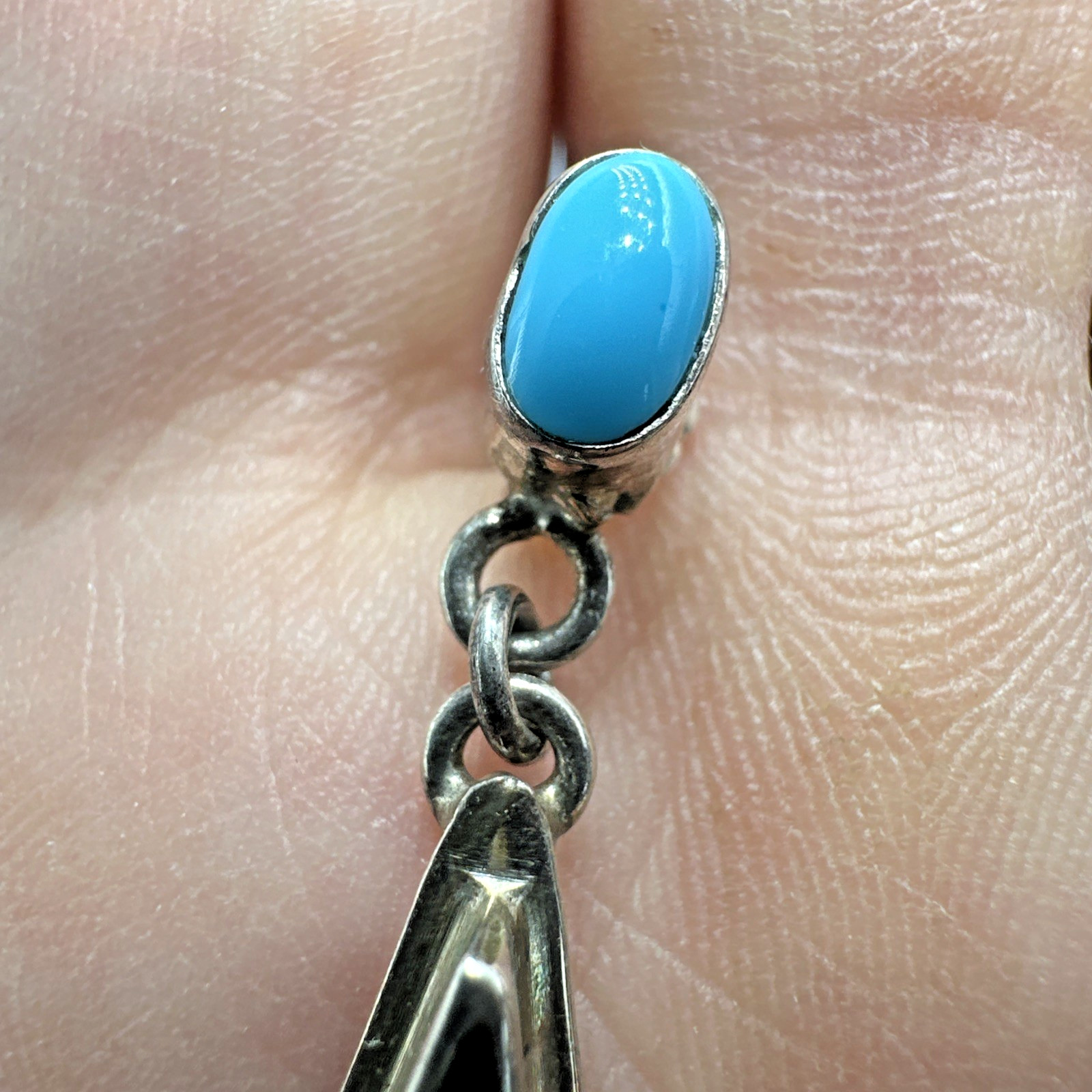 Stunning Native Sterling Silver Micro Inlay & Turquoise Cabachon Dangle Earrings