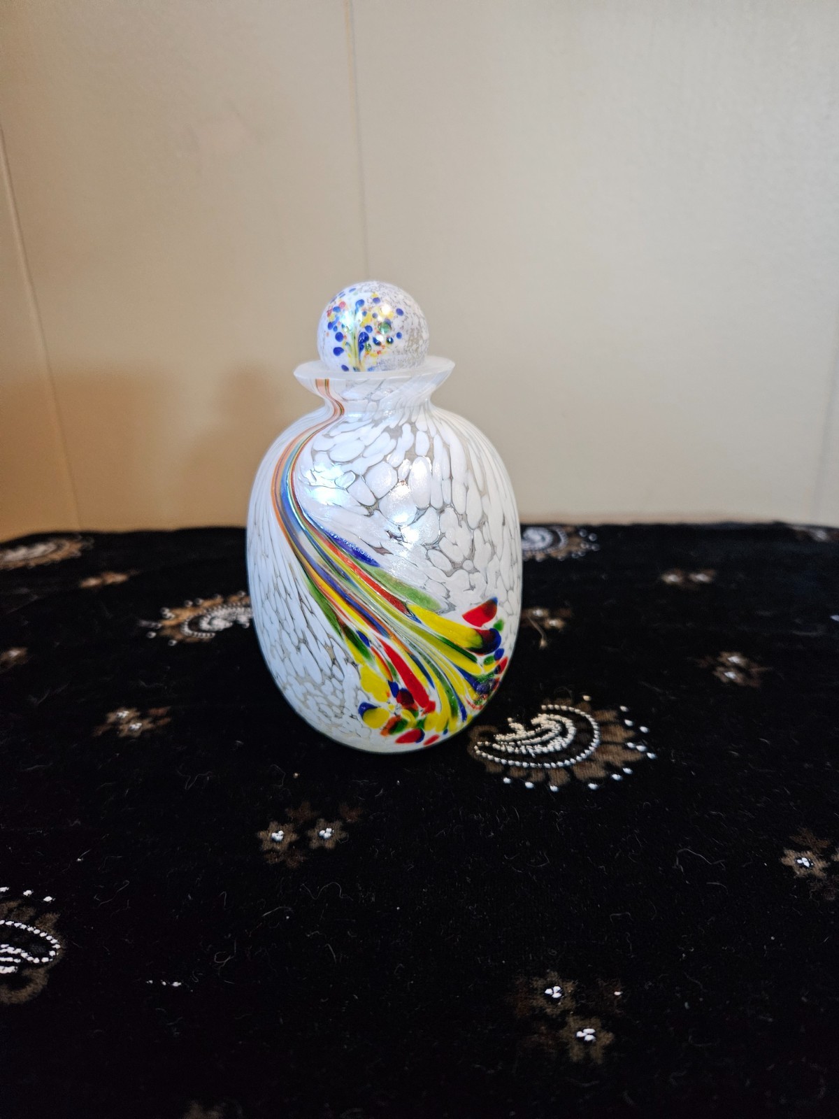 Vintage art perfume bottle and stopper white with bright colors