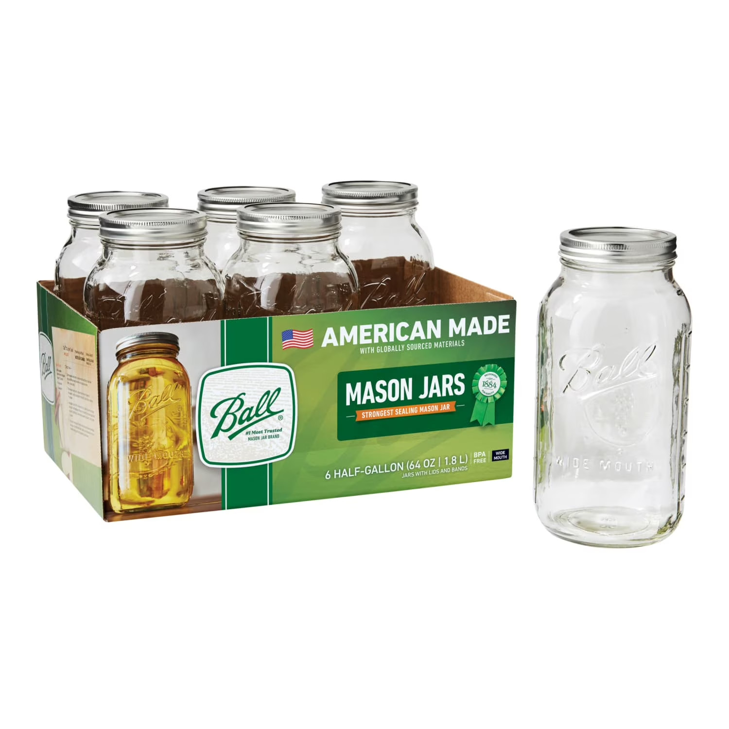 64 Oz Mason Jars, Wide Mouth Half Gallon Canning Jars with Lids and Rings, 6-Pac