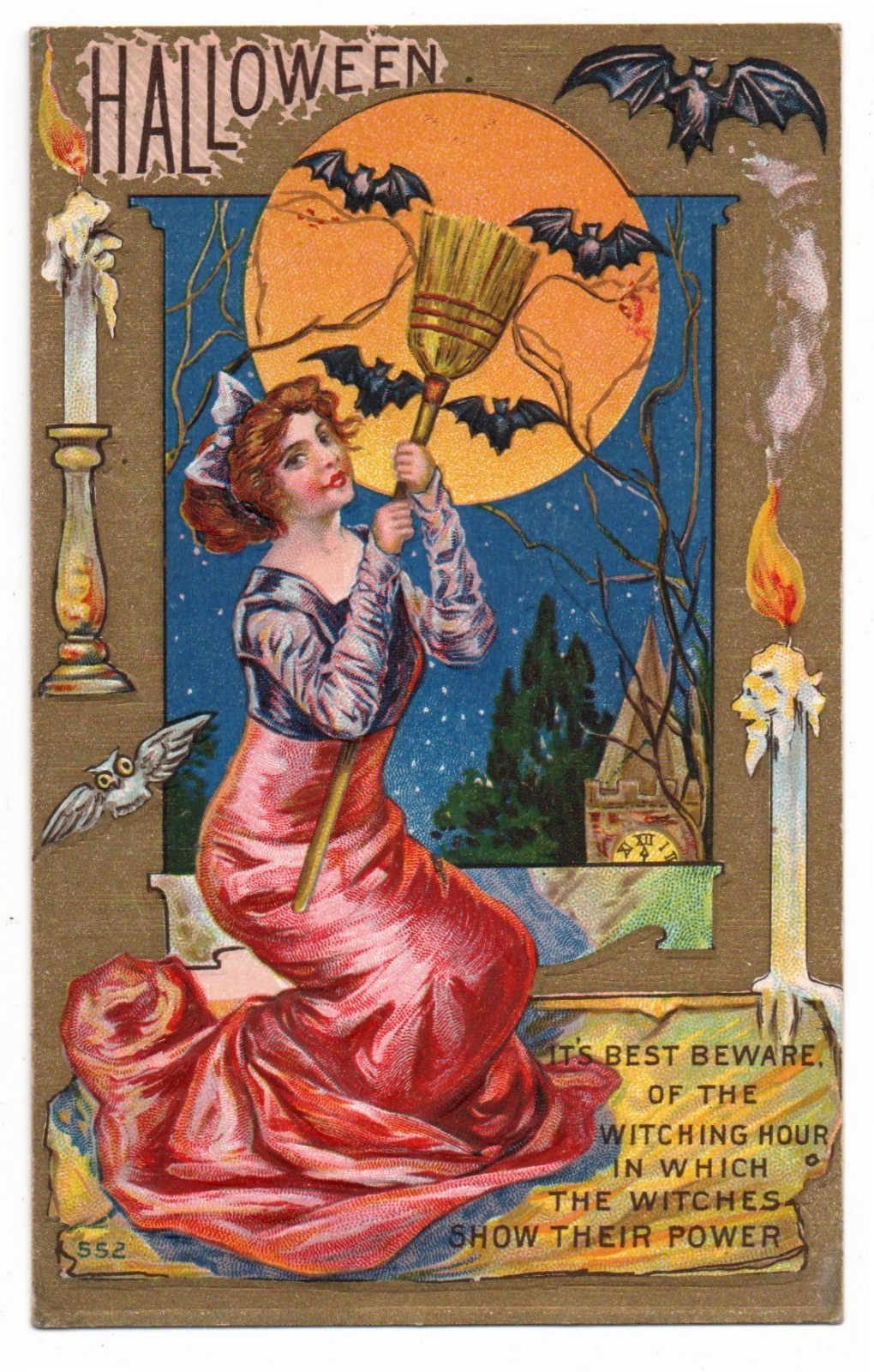 Antique Halloween PC , Lovely Lady with Broom and Bats, 1911. HAL 1242
