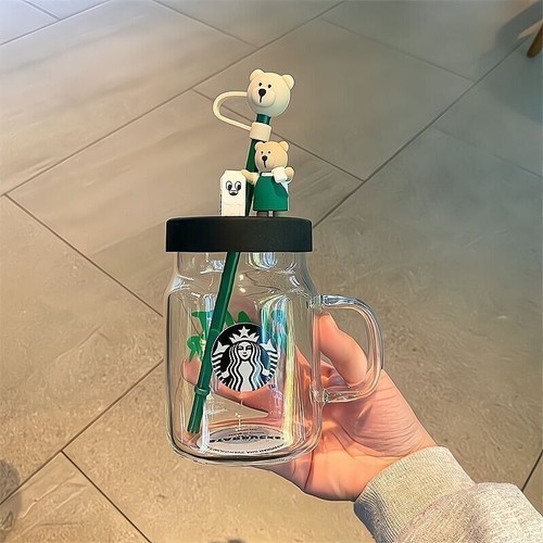 Starbucks Cute Classic Green Apron Bear Glass 473ml/16oz – Straw & Lid