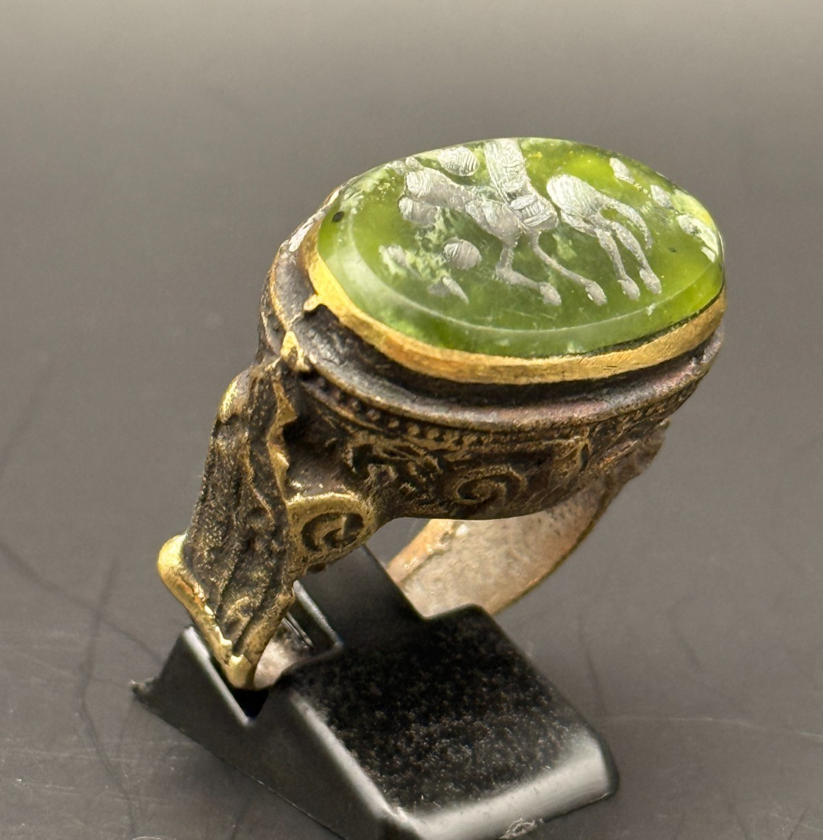 Ancient Roman Intaglio Ring Bronze Engraved Intaglio Ancient Green Jade Ring