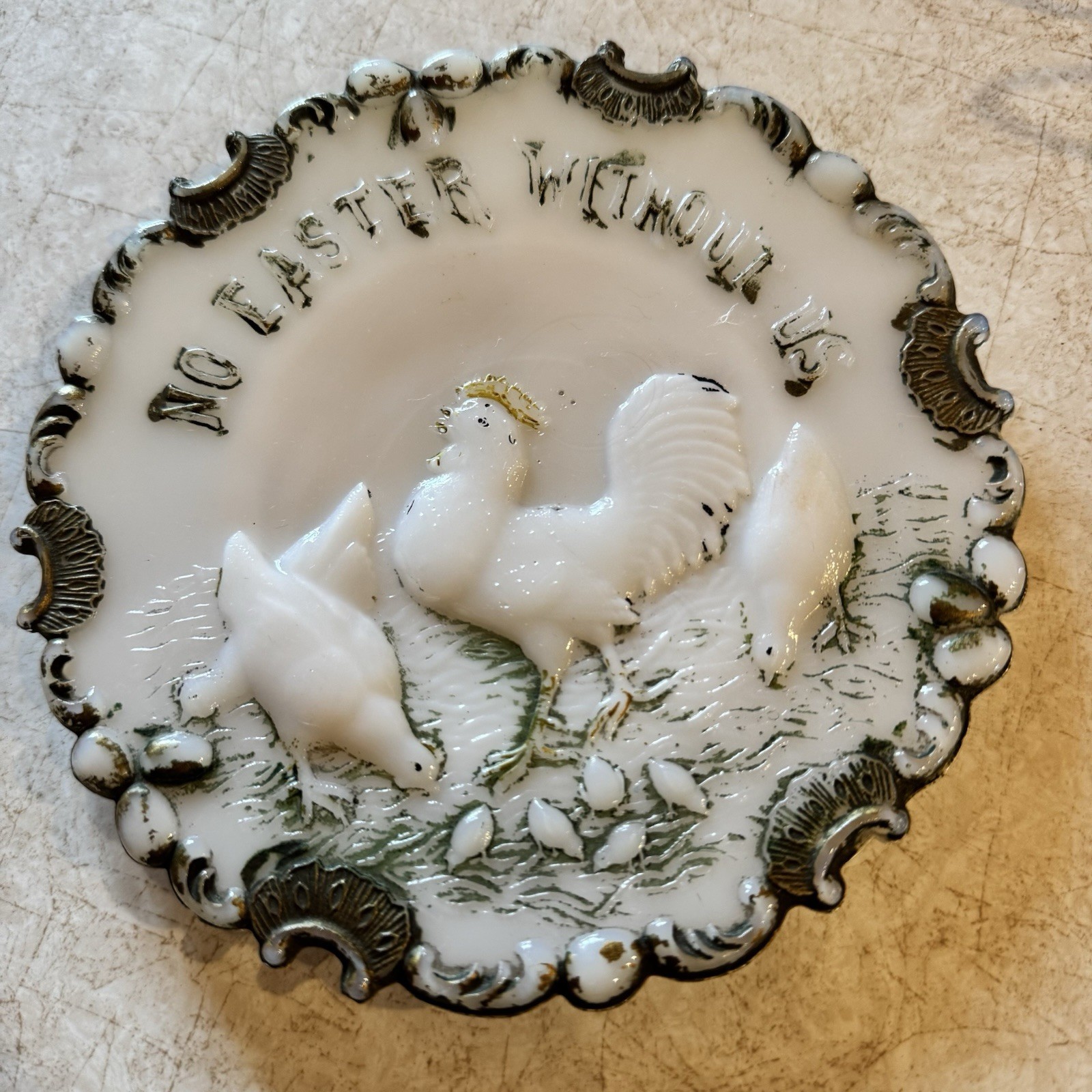 Vintage “No Easter Without Us” Chicken, Eggs Plate Milk Glass 6.5″
