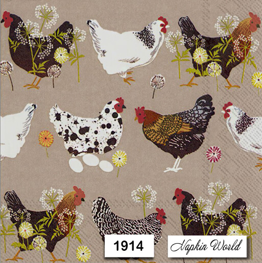 (1914) TWO Individual Paper LUNCHEON Decoupage Napkins – CHICKENS HENS ROOSTERS