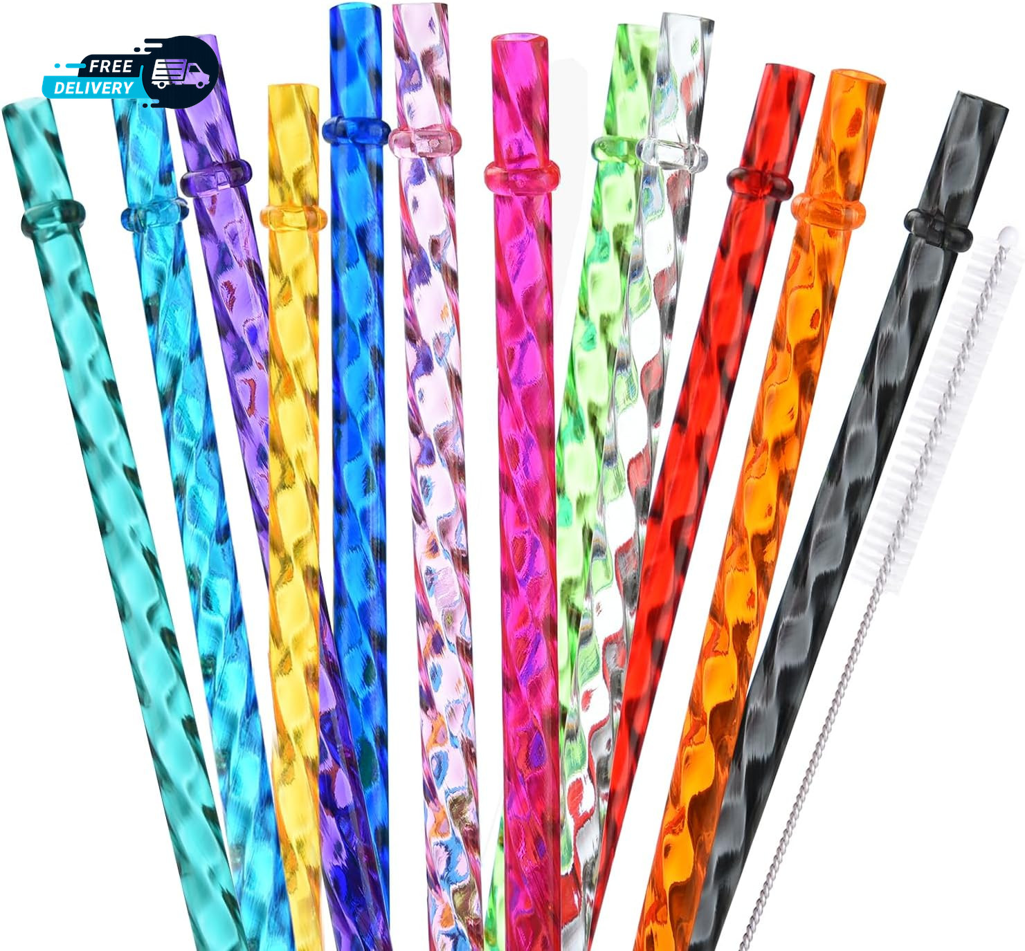 24 Pcs Reusable Plastic Straws Color Swirl 11 Inch Long Hard Plastic
