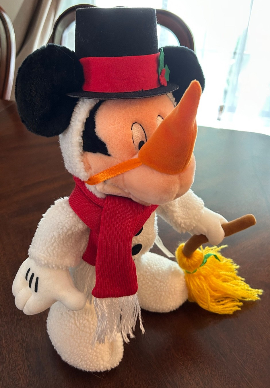 Free Standing Mickey Mouse Plush Snowman 16″ Carrot Nose Scarf Broom Top Hat EUC