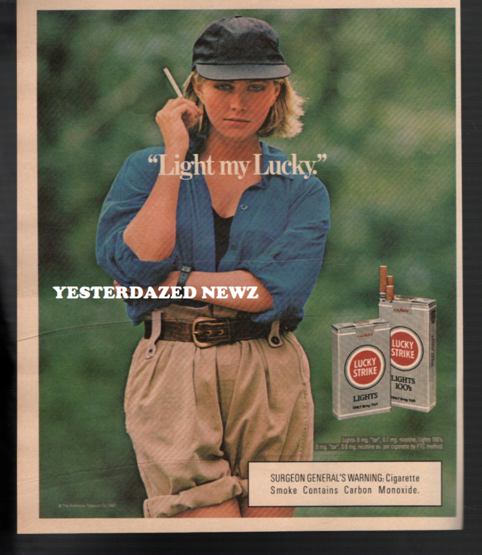 1987 Lucky Strike Lights & Lights 100 cigarettes Print Ad “Light My Lucky”