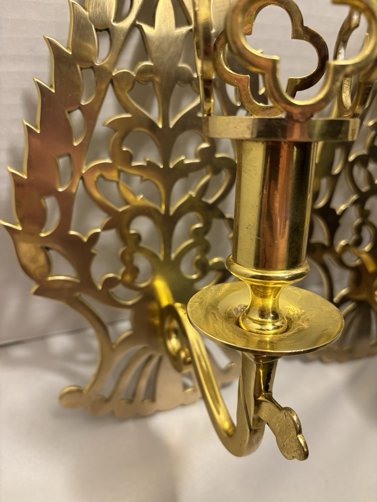 Vintage Baldwin Solid Polished Brass Gothic Candle Sconces Wall Decor Large