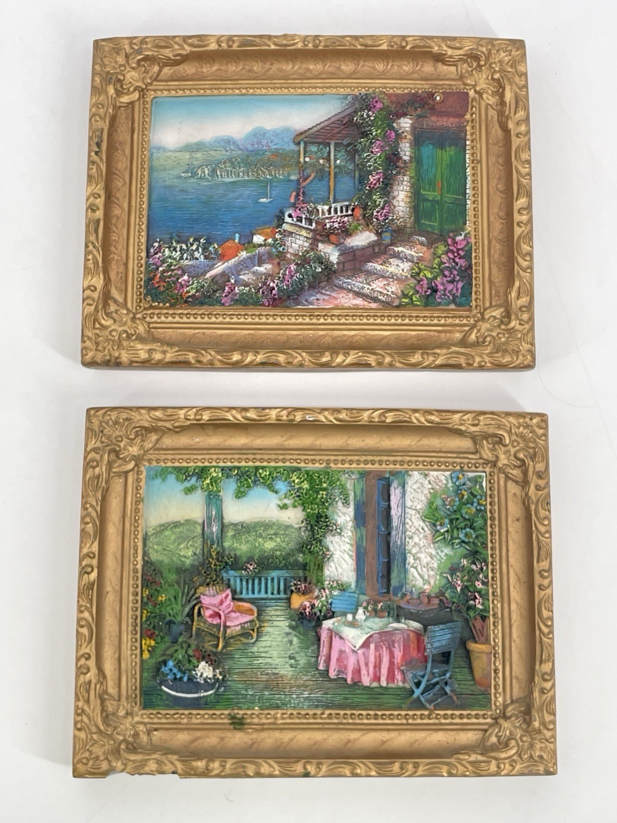 Vintage Italian Villa Relief Wall Plaques Set Gold Frames Tuscan Cottage Decor