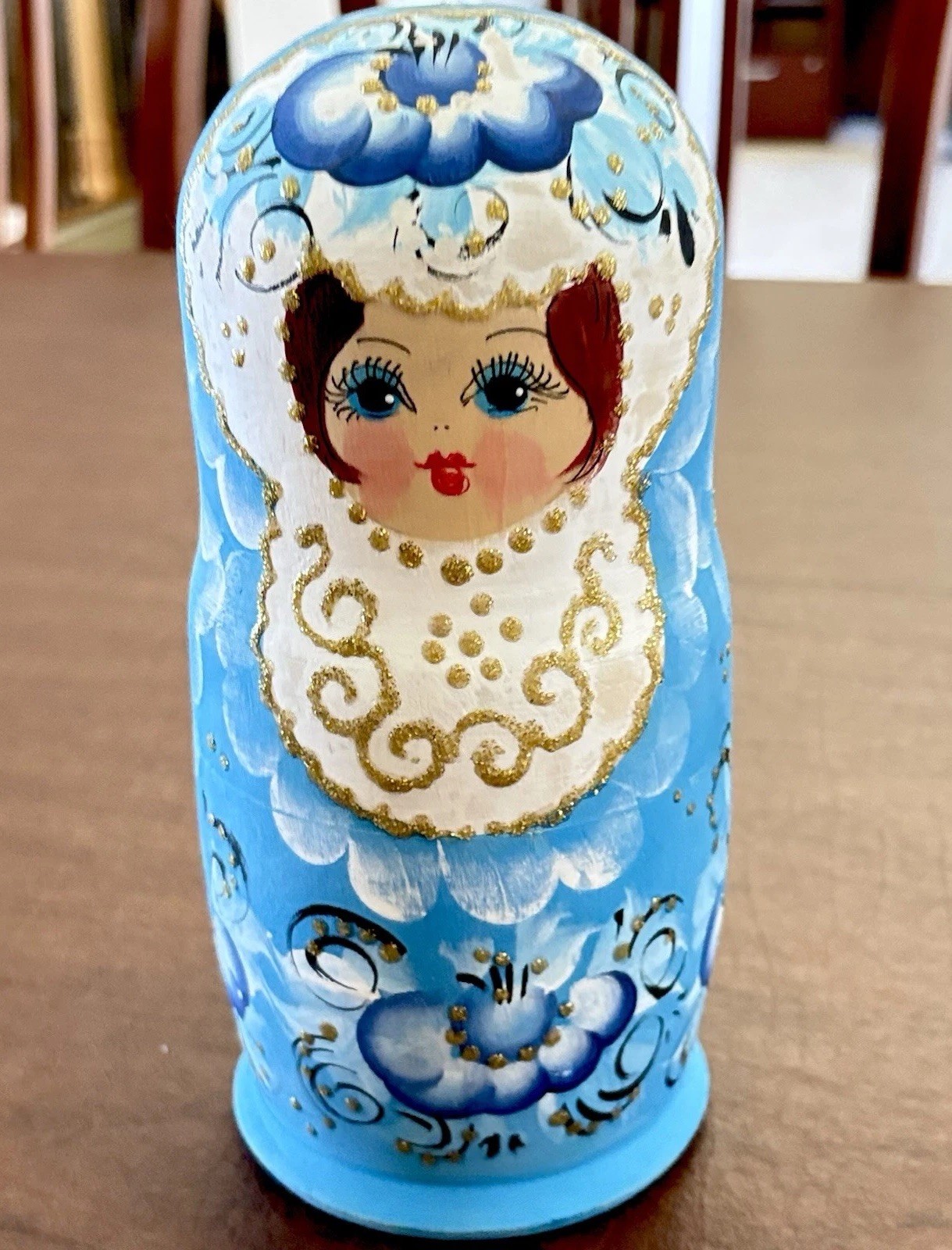 Matryoshka Hand Painted Matte Finish Blue Raised Gold Wood Nesting Doll Set 7 Pc