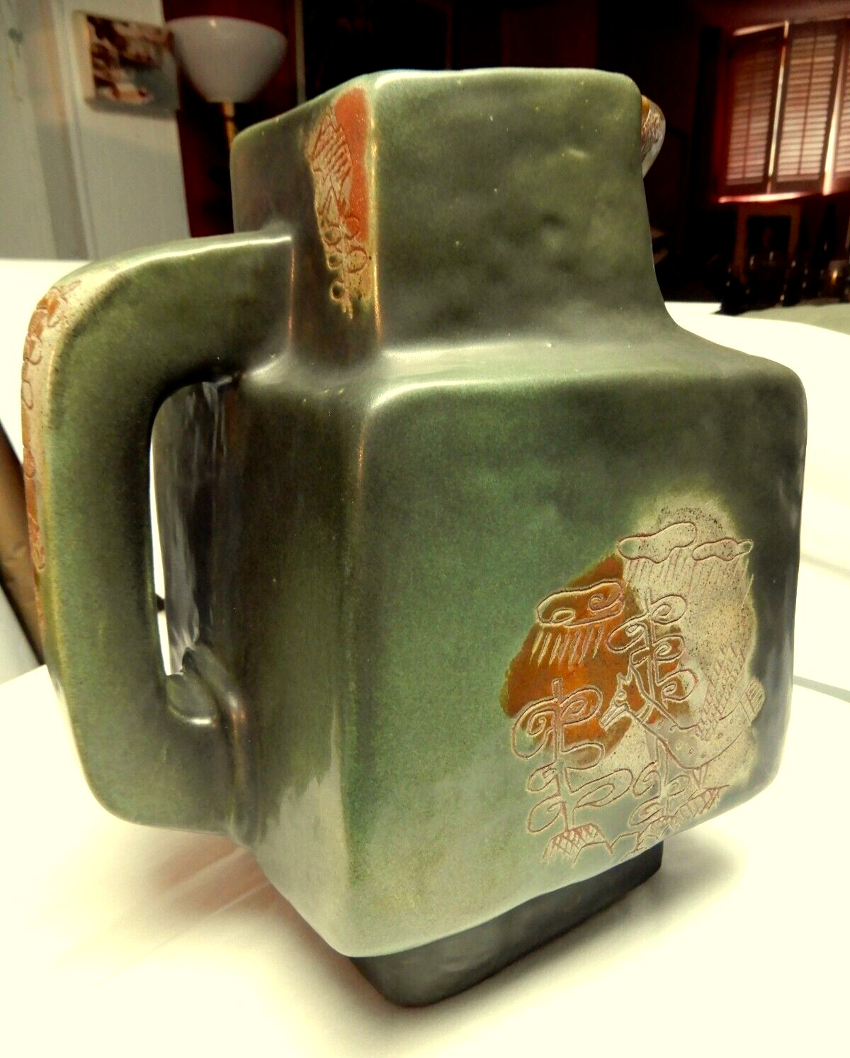 Marianna von Allesch Green Etched Ceramic Pitcher Asymmetrical Mid Century MCM
