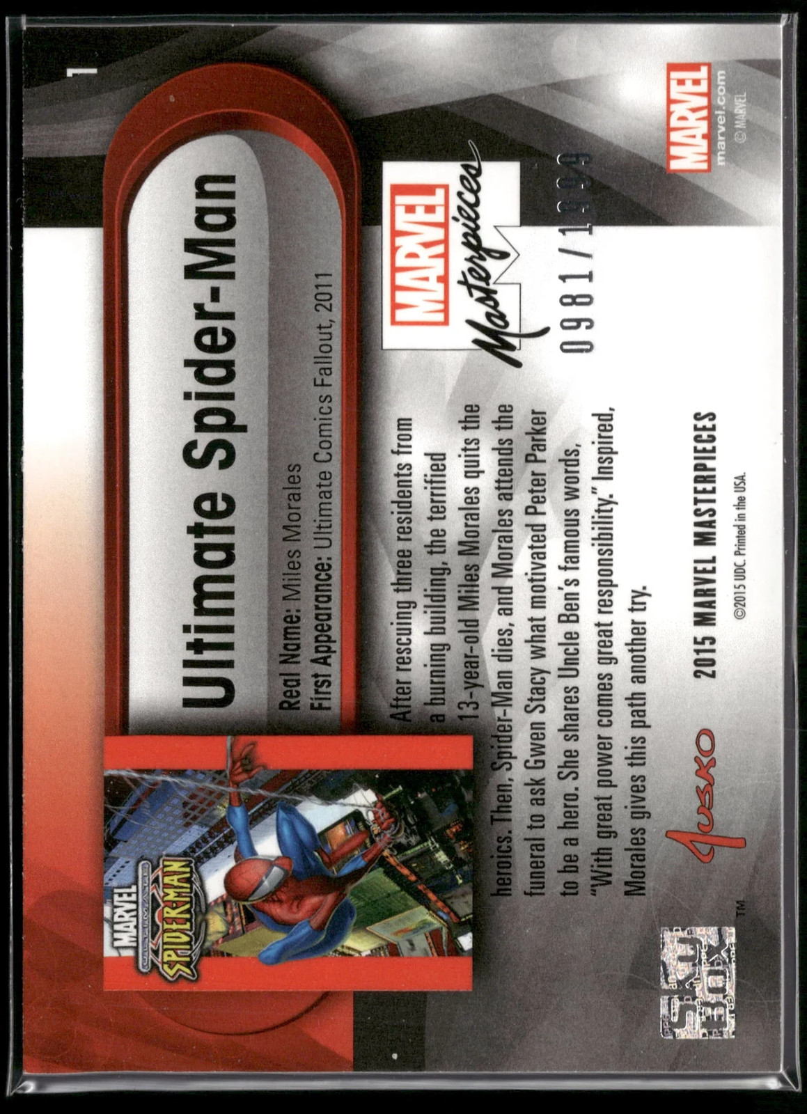 2015 Marvel Masterpieces Ultimate Spider-Man #1 Serial Numbered NM Upper Deck