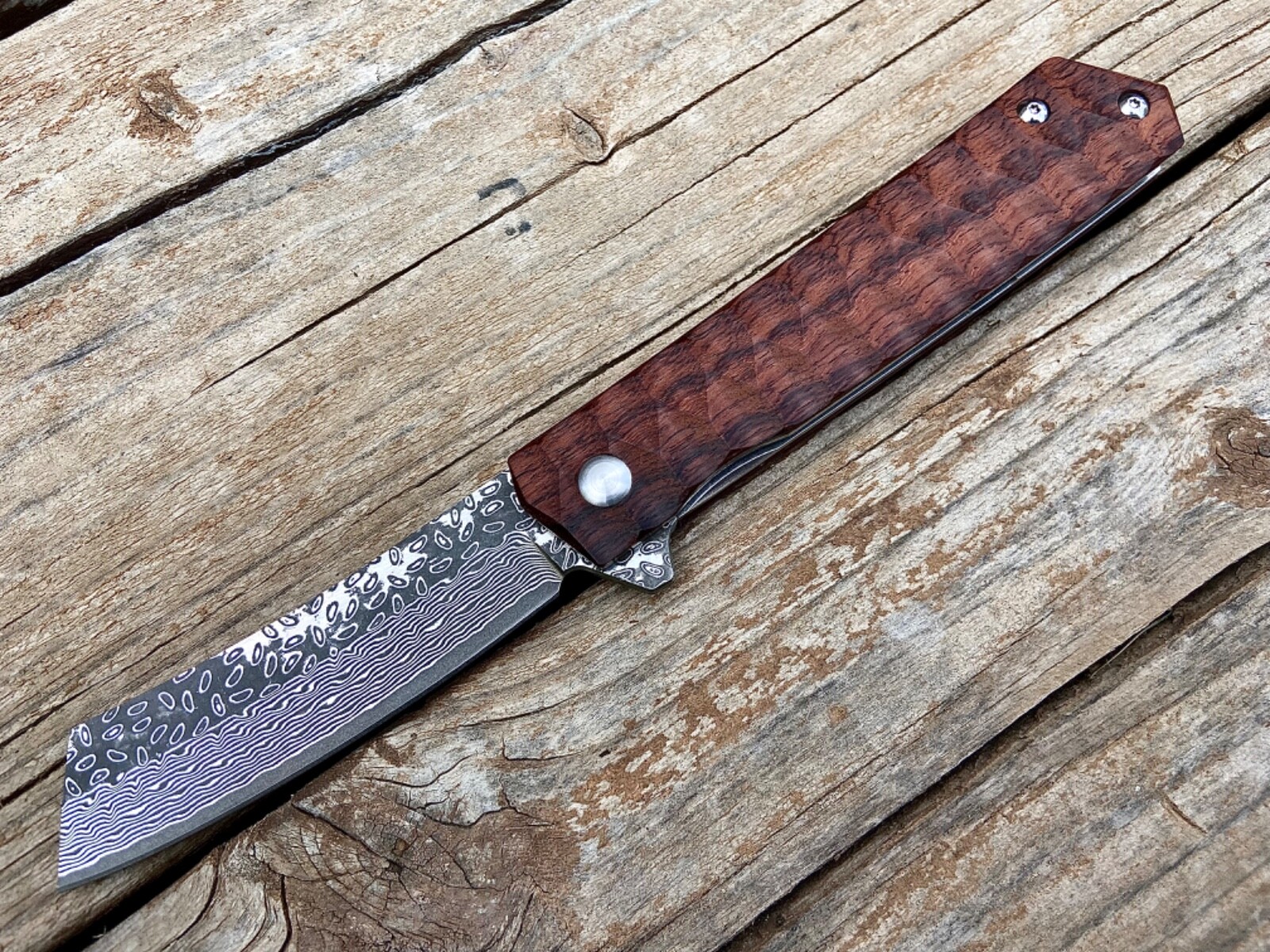 Custom Damascus Steel EDC Pocket Knife, Rosewood Handle, Ball Bearing Pivot