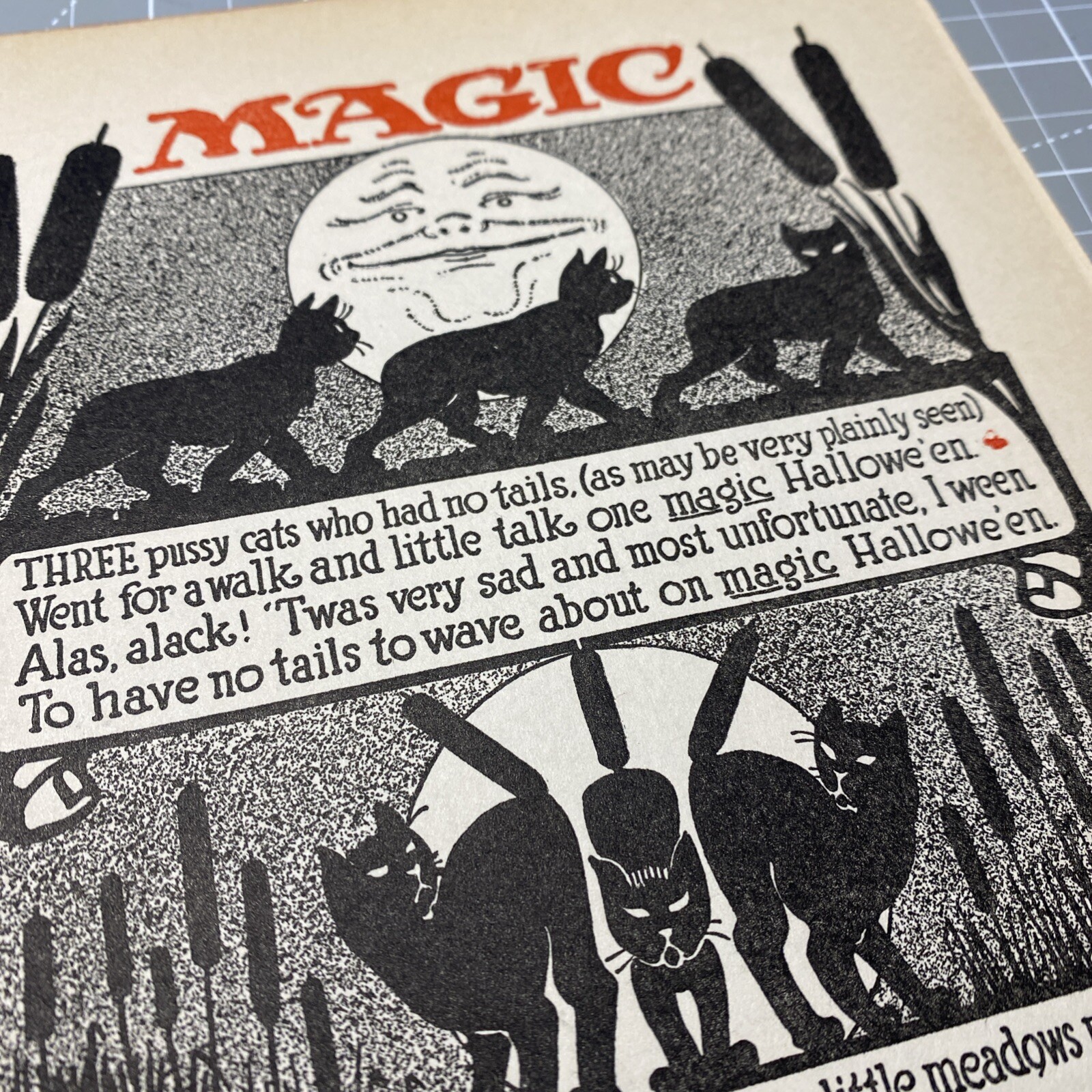 Three Pussy Cats had no Tails Magic Halloween VTG whimsical book illustration