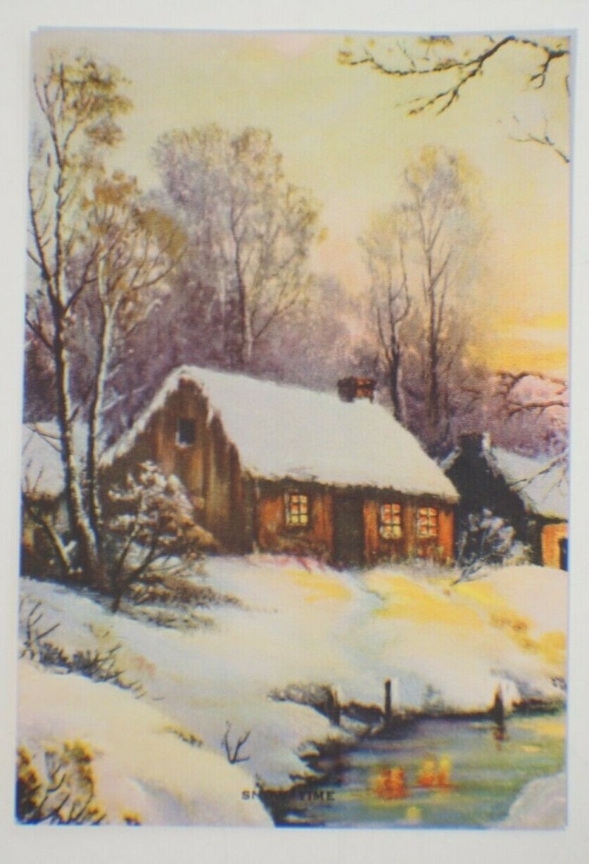 SNOW TIME Cabin Art Lithograph Print 1930s