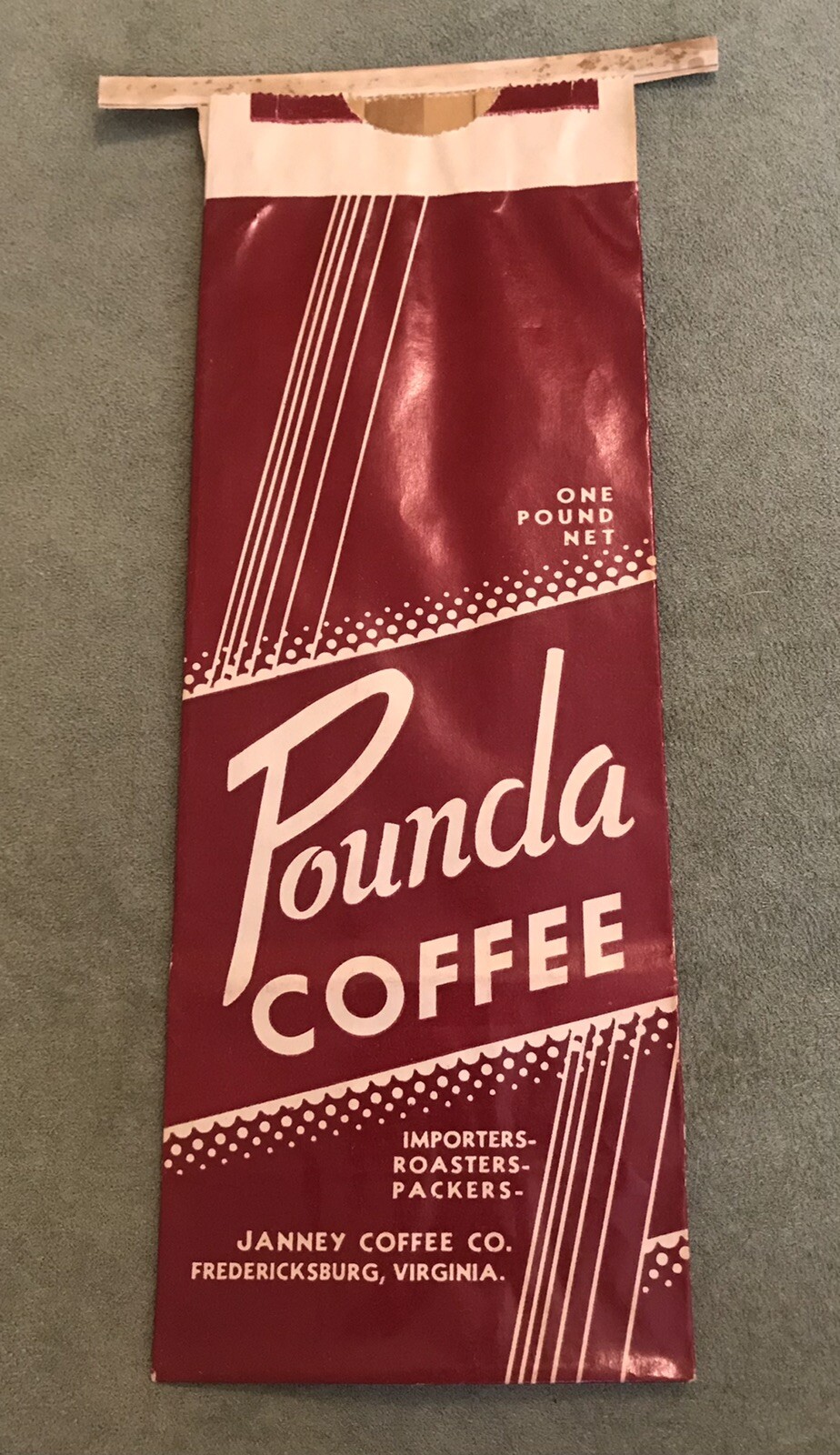 Vintage Pounda Coffee, Janney Coffee Co., Fredericksburg, Virginia 1 Lb.