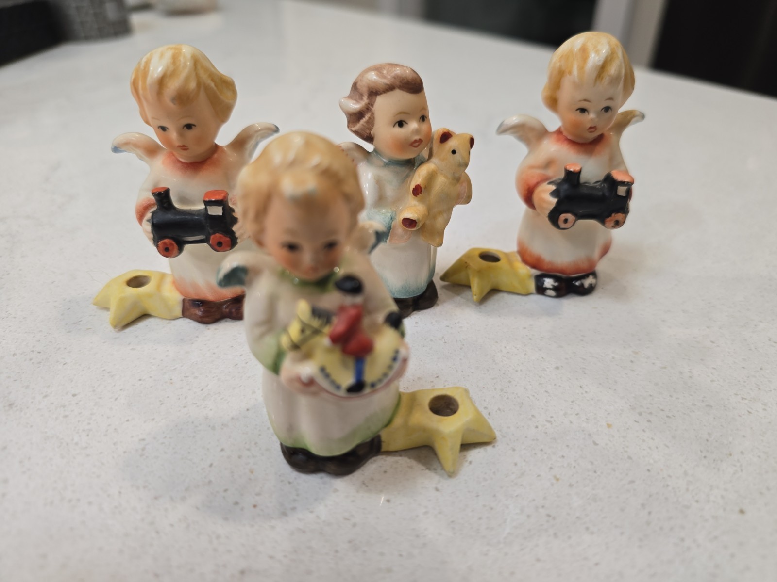 Lot of 4 Vintage Goebel Christmas Candle Holders Angel w/ Teddy Bear Train 2.5″