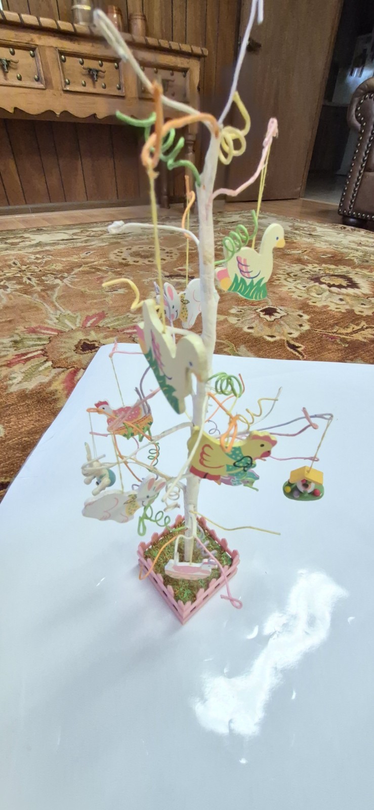 Mini Easter Tree with Pink Basket Base Charming Wooden Ornaments 15″ x 7″ x 3″