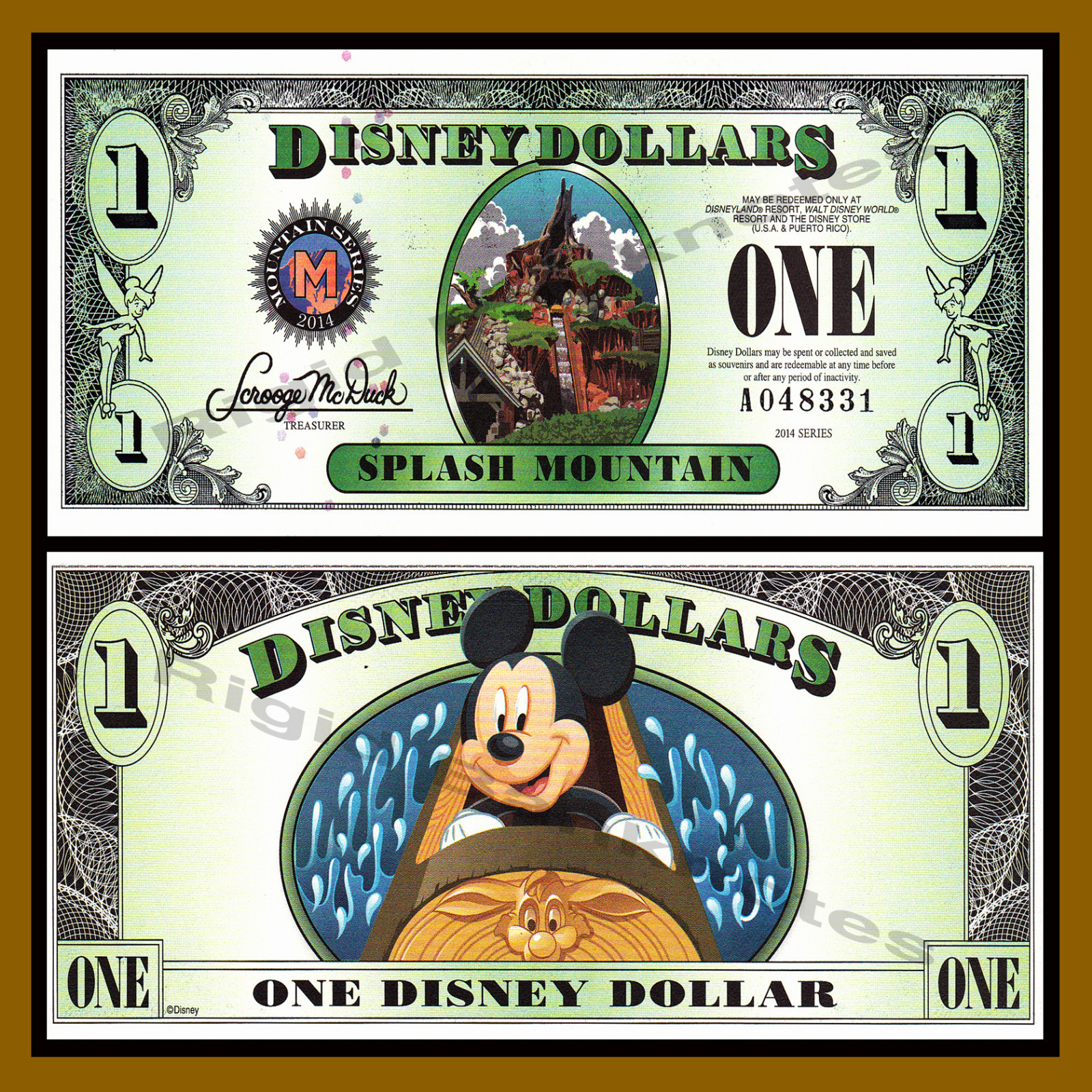 Disney 1 Dollar, 2014 “A” Series, 5 Digit Serial, Splash Mountain Uncirculated