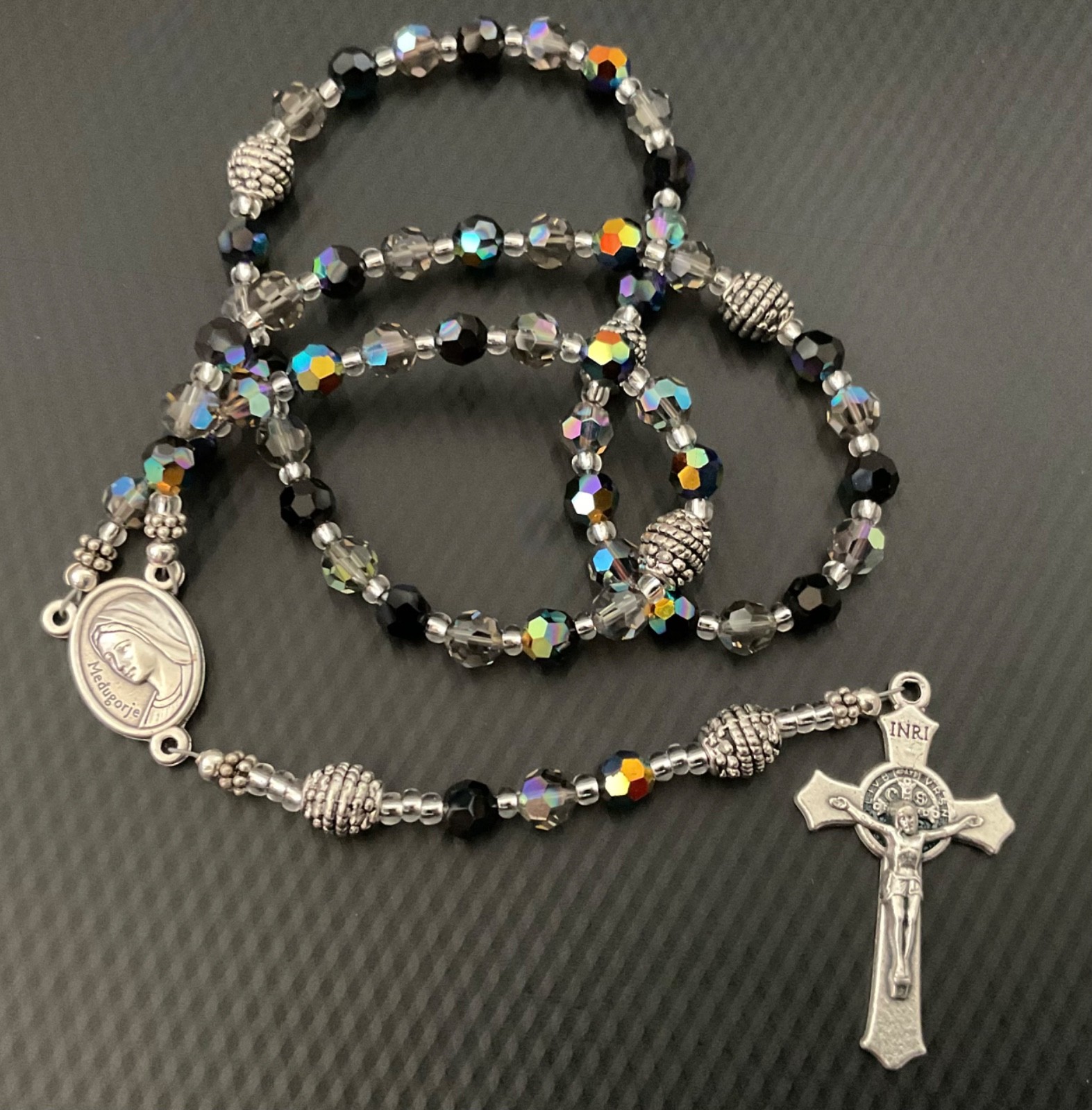 Rosary Handmade, Swarovski Crystal Beads + Silver Bali Beads, Medjugorje Medals