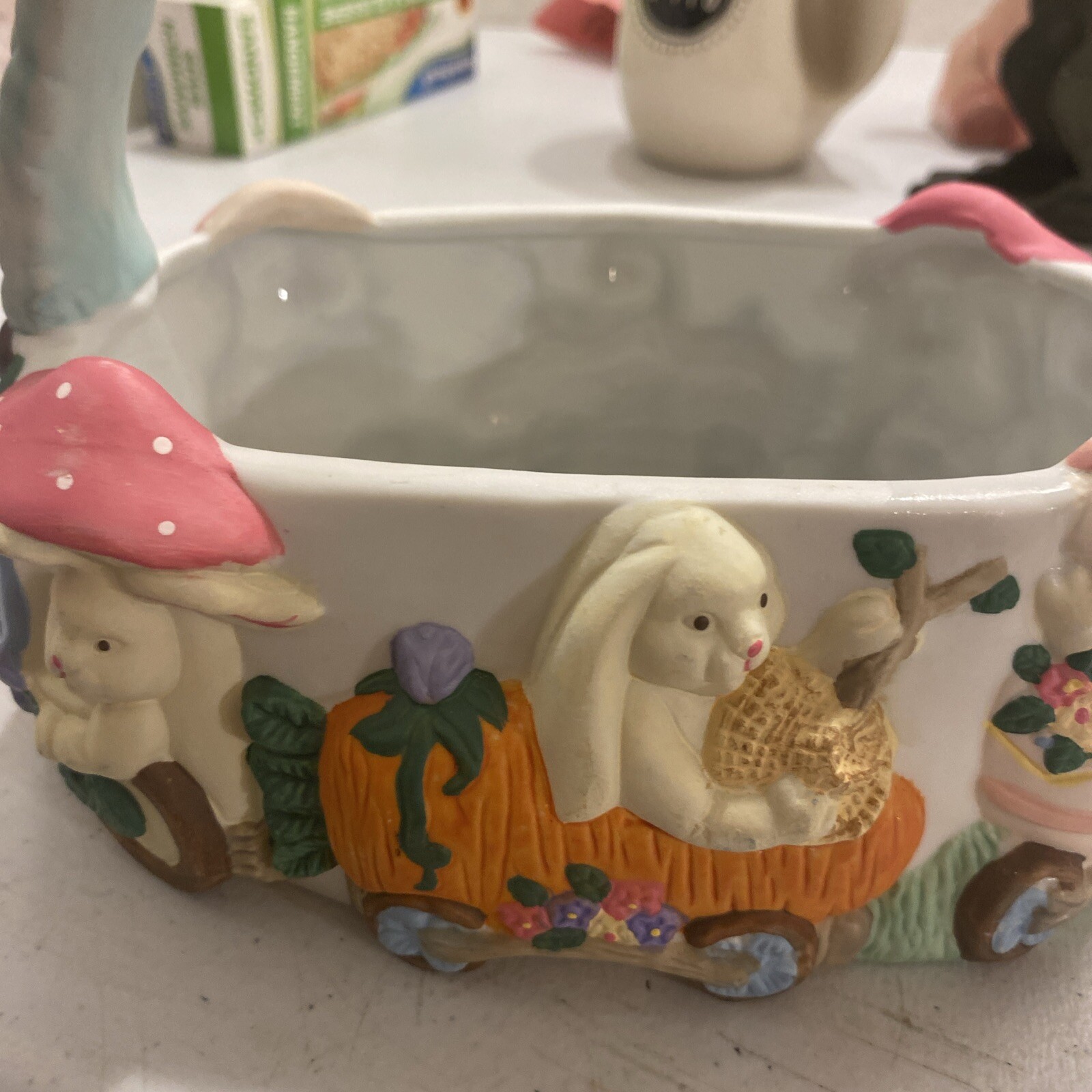1995 Porcelain Easter Basket Train Stamped ABC Distributing,Vtg Bunnies KE