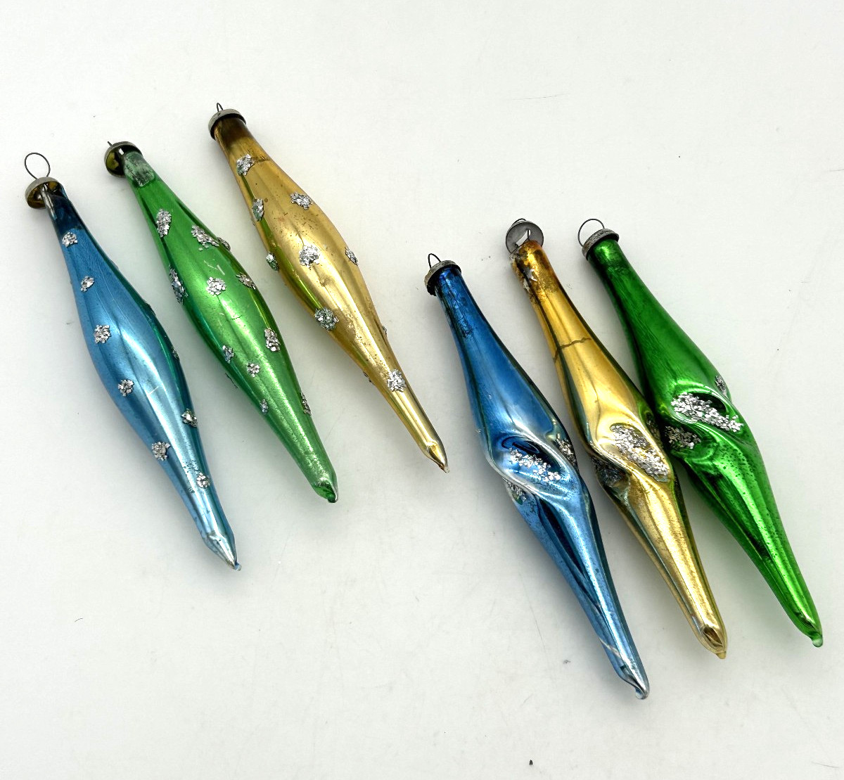 6 Vtg Mercury Glass Twist Dots Glitter 4″ Icicle Ornaments Green Blue Gold Japan