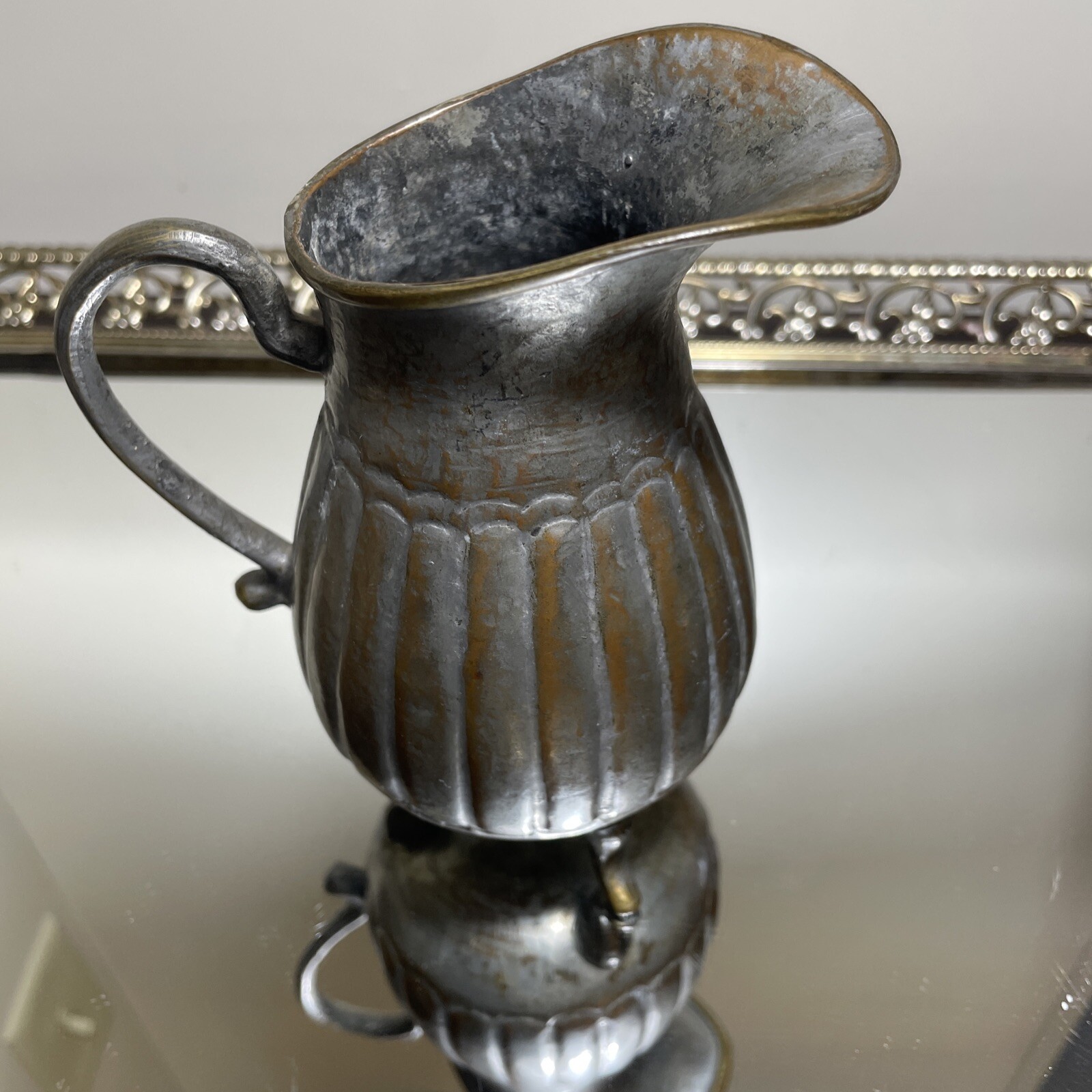 Vintage China Tin Over Copper Footed Pitcher 5 In