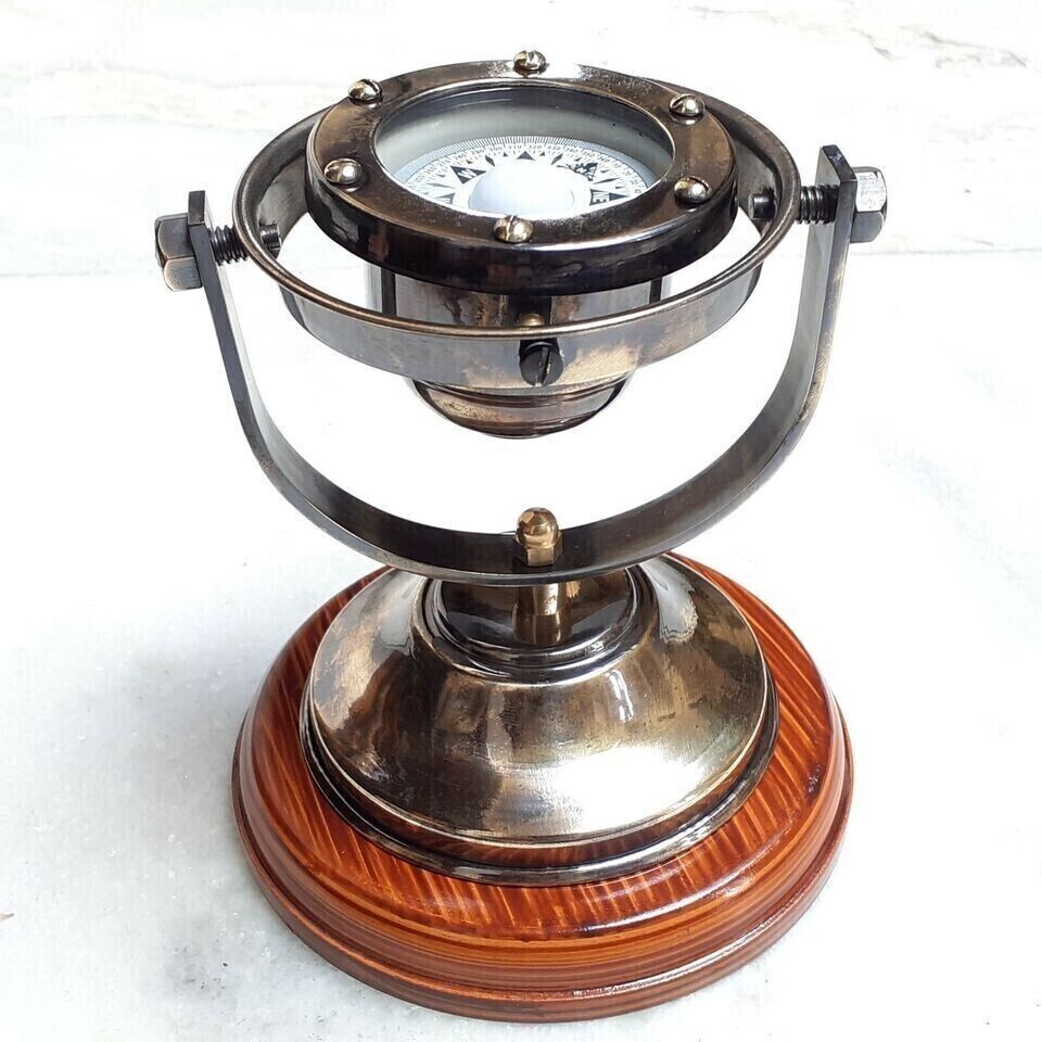 Brass Gimble Compass Nautical Marine Gift Wooden Base Compass