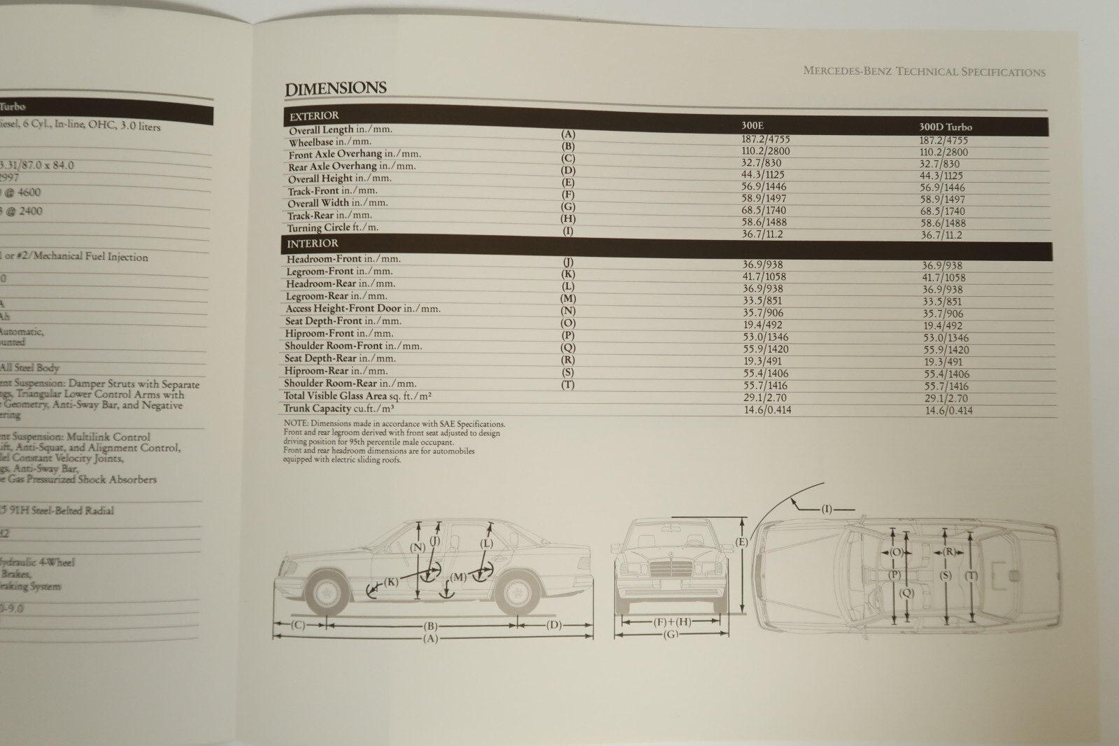 Mercedes Benz Technical Specifications 300E Sedan 300D Turbo Sedan Brochure