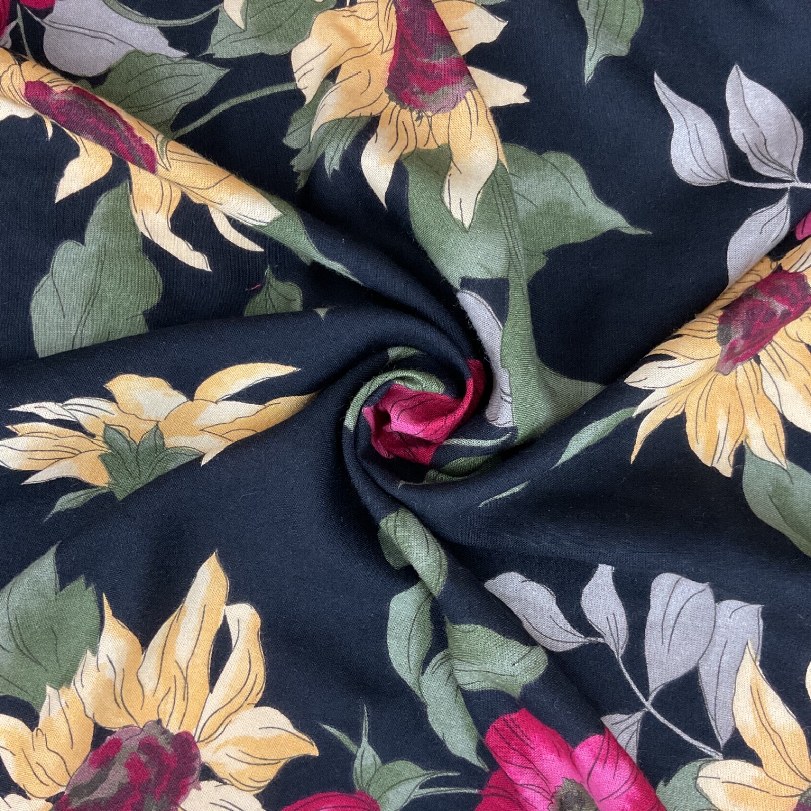 Vintage Mega Textile Corp floral rayon? fabric 34.5” x 60” on black background