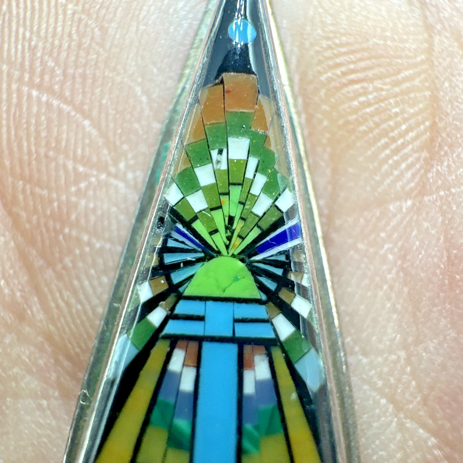 Stunning Native Sterling Silver Micro Inlay & Turquoise Cabachon Dangle Earrings