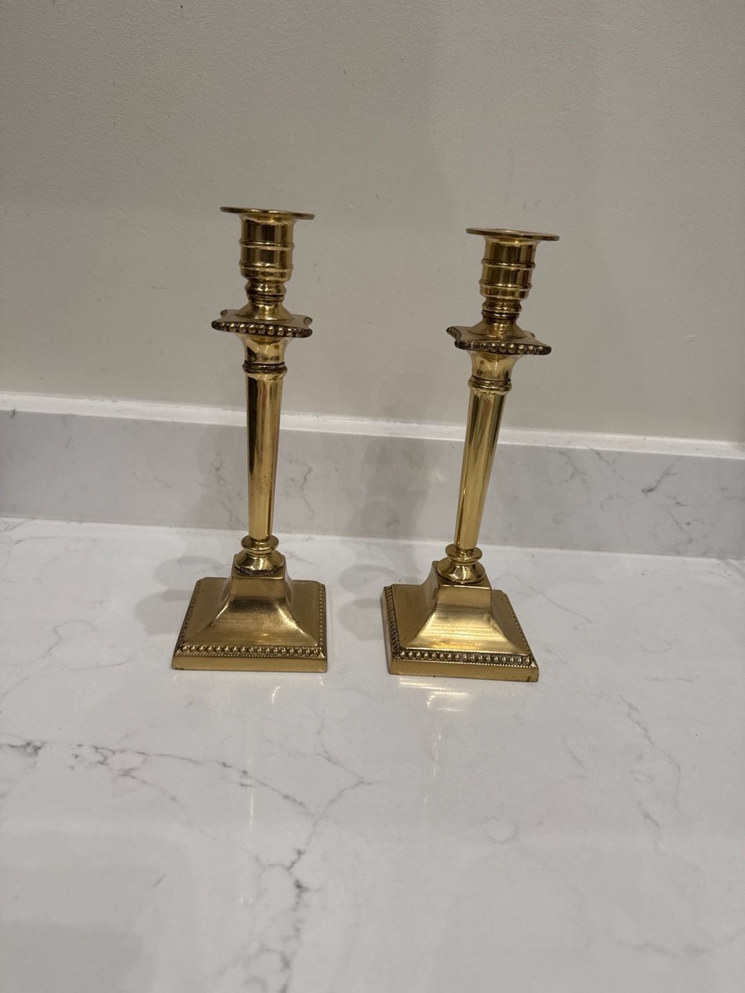 Pair of Vintage Brass Neoclassical Candlesticks with Beaded Edging