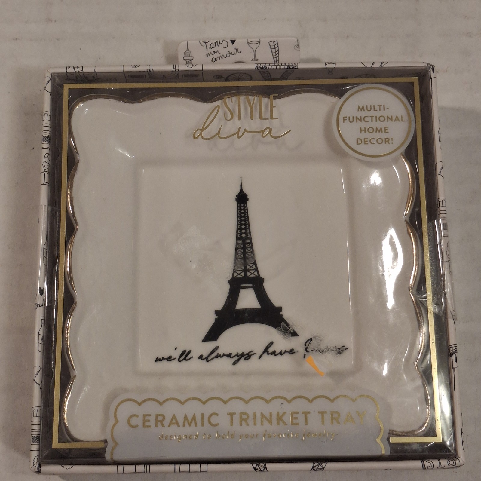 Style Diva Ceramic Trinket Tray Paris Eiffel Tower Jewelry Dish NEW