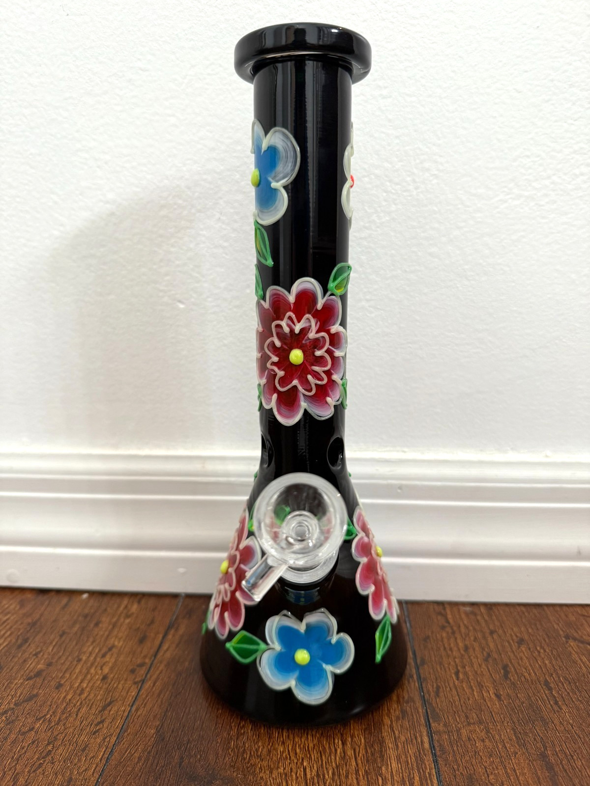 10.5” Premium Glass Water Pipe Beaker Glow in the Dark Floral 14mm