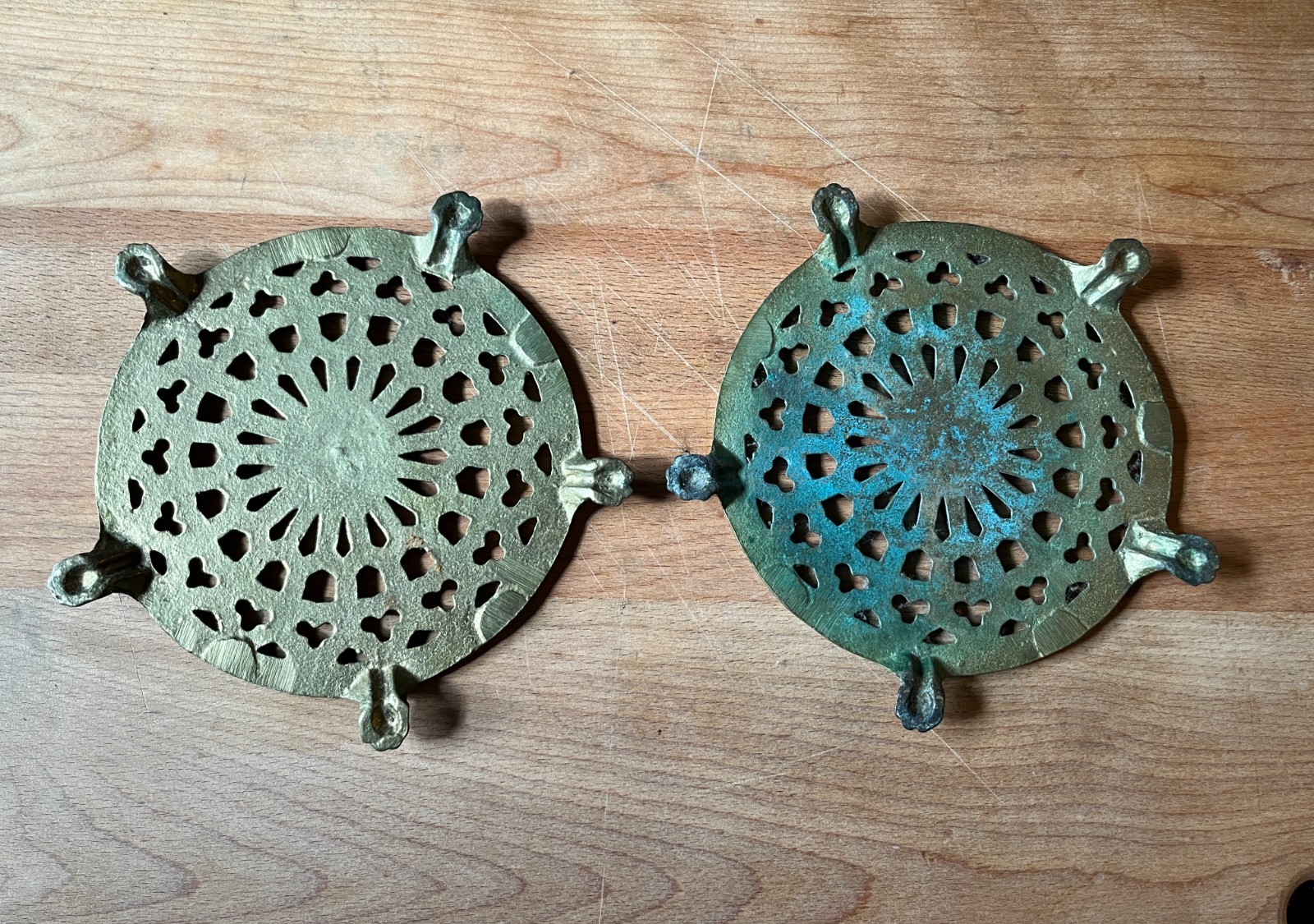 Vtg Solid Brass Trivets (2) Gothic Rosette Lion Paw Feet 1960s US 6” Approximate