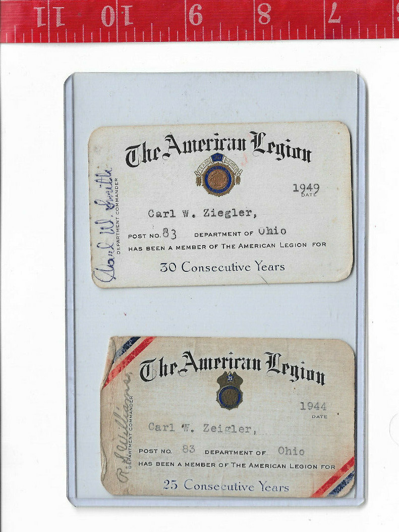 1944 and 1949 American Legion MEMBERSHIP CARDS 25 and 30 years post 83 Ohio