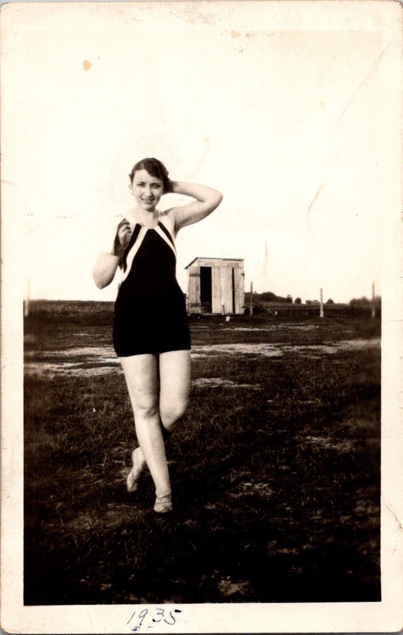 1935 Vintage Photograph Woman Swimsuit Bathing Suit Outdoor Cabin 1930s Snapshot