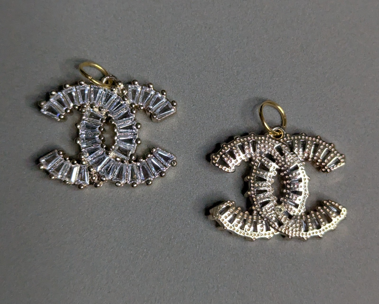 set of Designer Button CC Gold w/ Crystals Zipper Pull 2 pc 22mm x 19mm