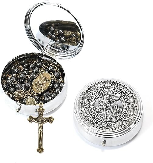 Antique Bronze St Michael Black Hematite Stone Beads Rosary Necklace – Metal Box