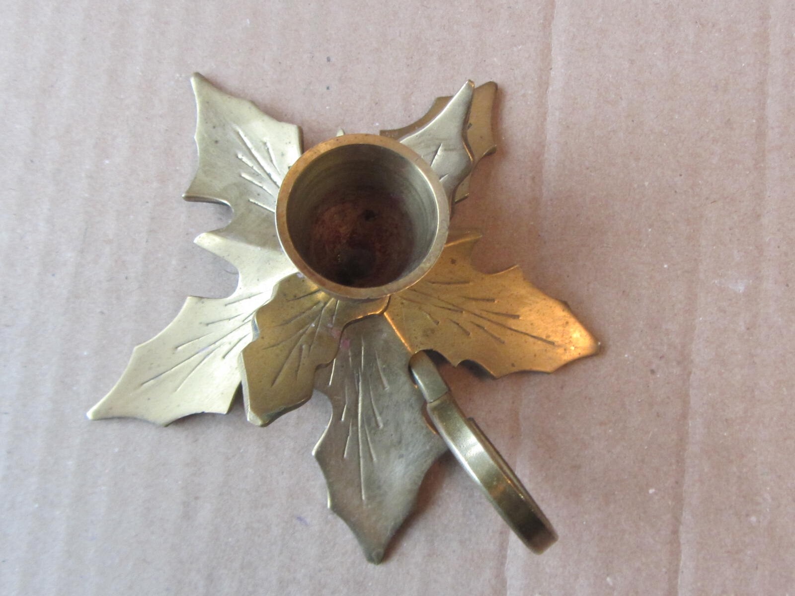 Vintage Solid Brass Handmade Leaf Candle Thumb Holder Archana Candlestick India