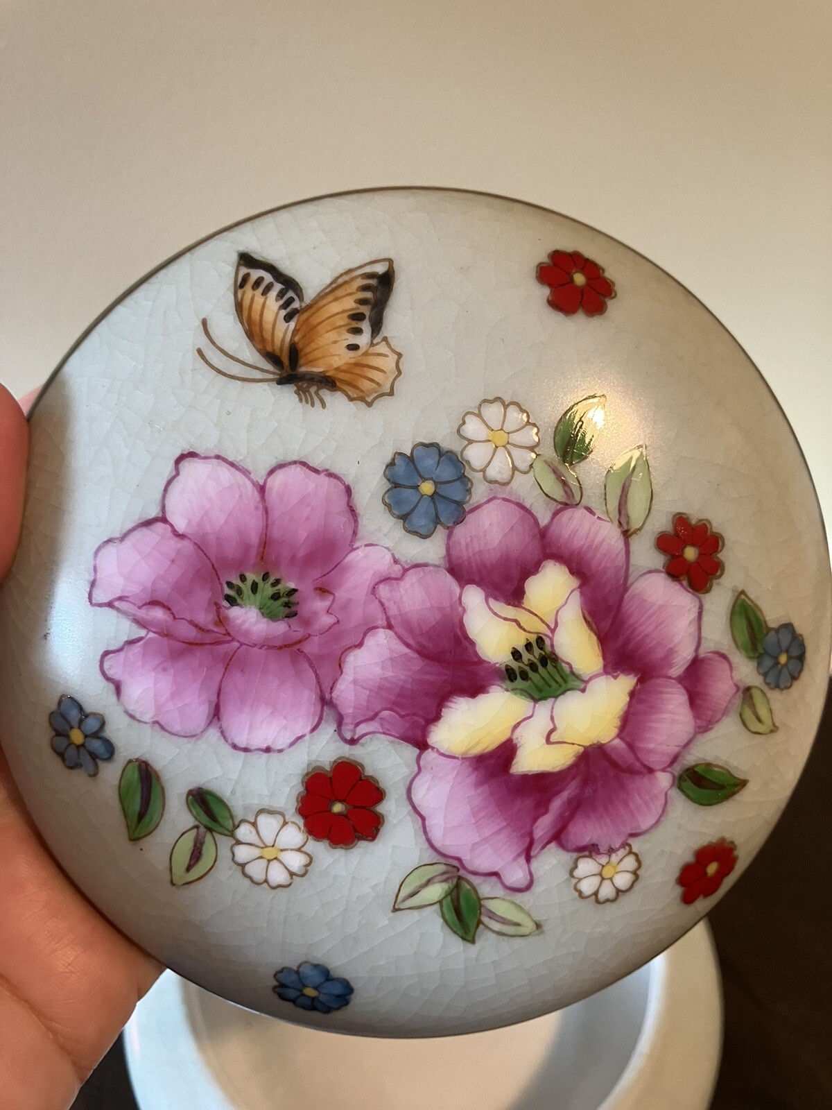 Ceramic Trinket Box. Hand Painted. Celadon Green Multi Colored Floral Lid.
