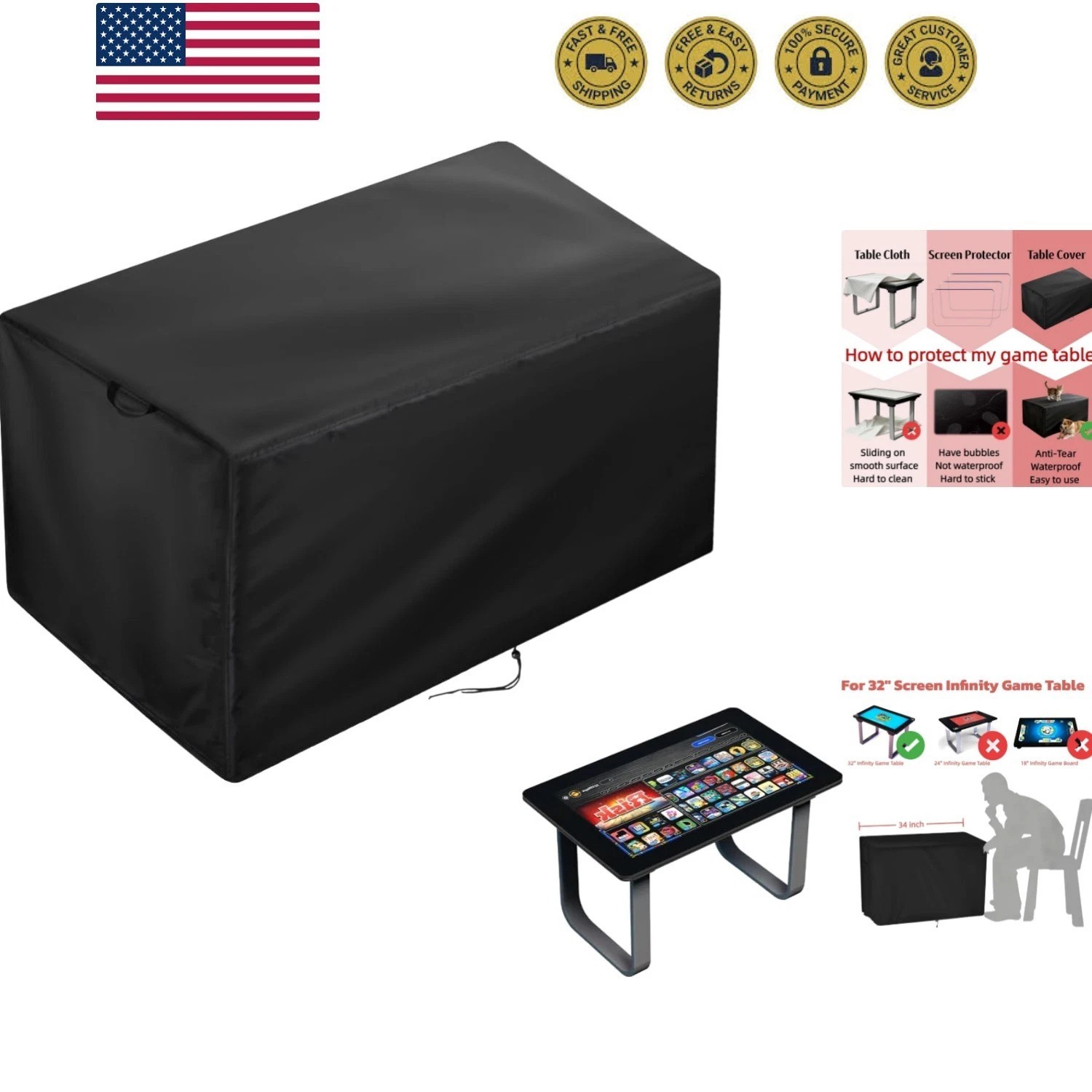 Arcade Gaming Table Cover, 32″ Heavy Duty Screen Protector Compatible with In…