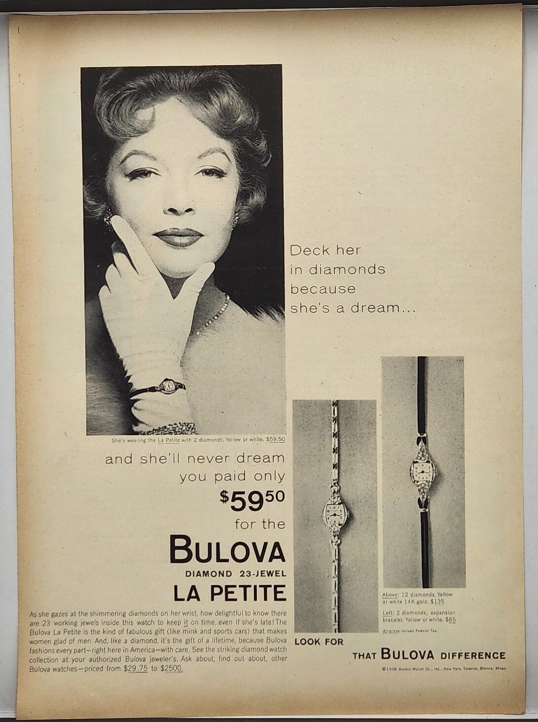 1960 Bulova Watch Diamond 23 Jewel La Petite MCM Original Print Ad Life Magazine