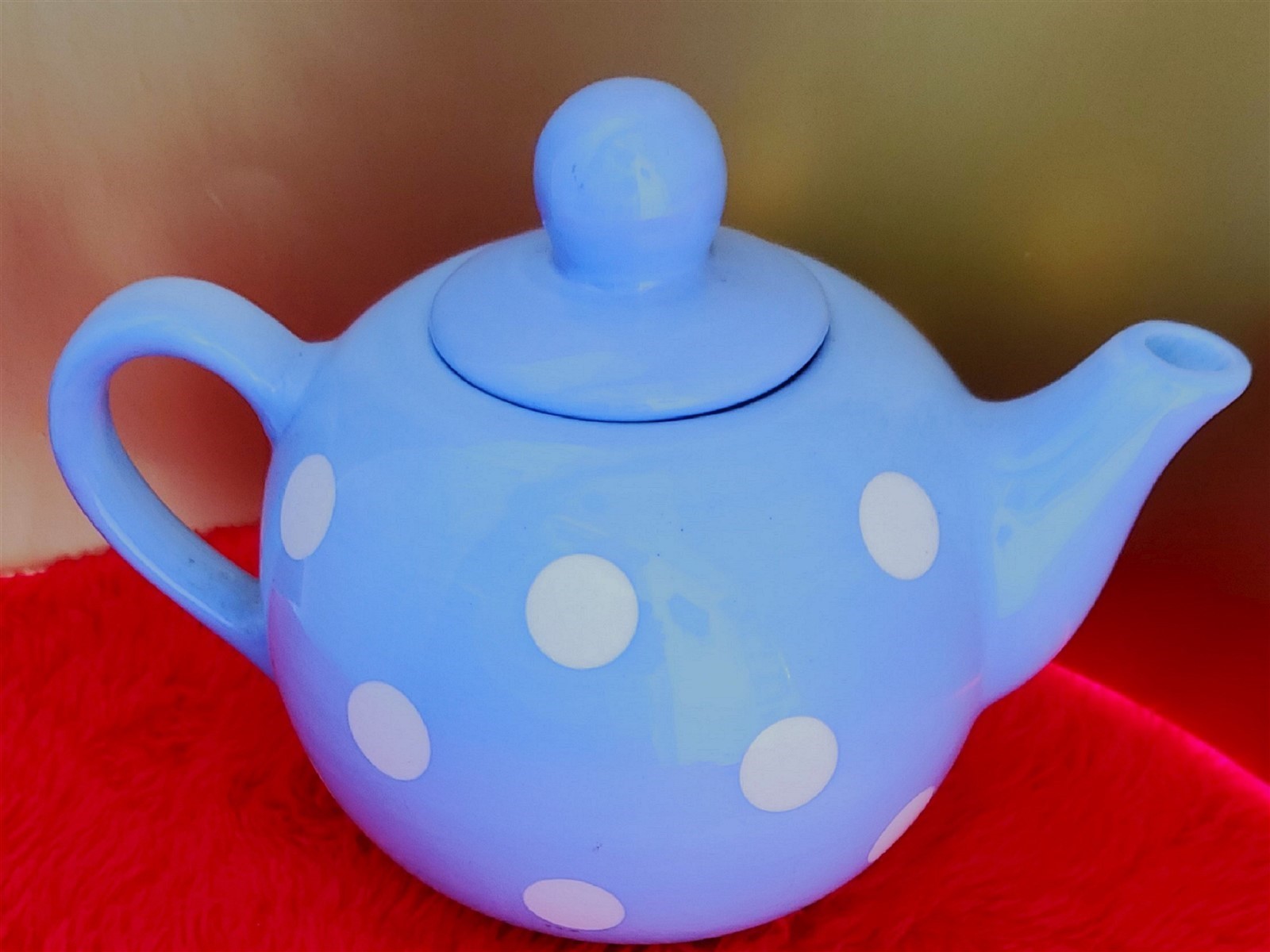 Tea Pot Blue White Polka Dot Ceramic Teapot Glossy Pottery w/Lid